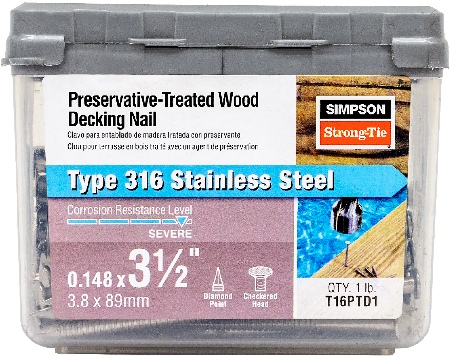 Simpson Strong-Tie T16PTD1 Preservative-Treated Wood Decking Nail, Ring Shank — 3-1/2 in. x .148 in. Type 316 (1 lb.)