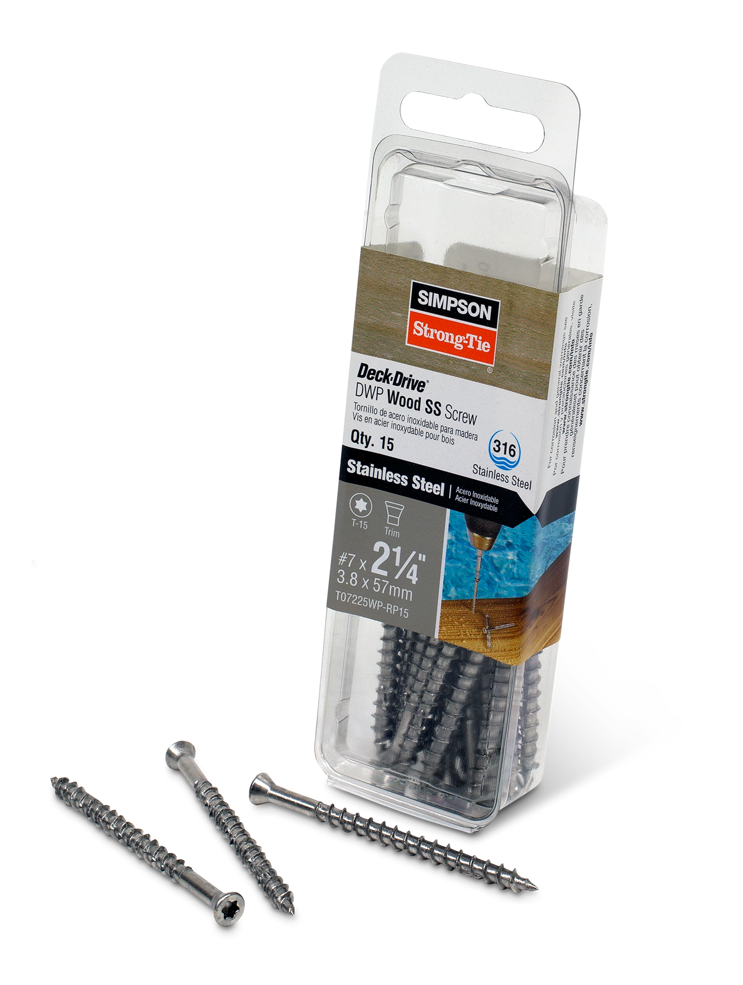 Simpson Strong-Tie T07225WP-RP15 Deck-Drive™ DWP WOOD SS Screw — #7 x 2-1/4 in. T-15, Trim Head, Type 316 (15-Qty) (Pack of 5)