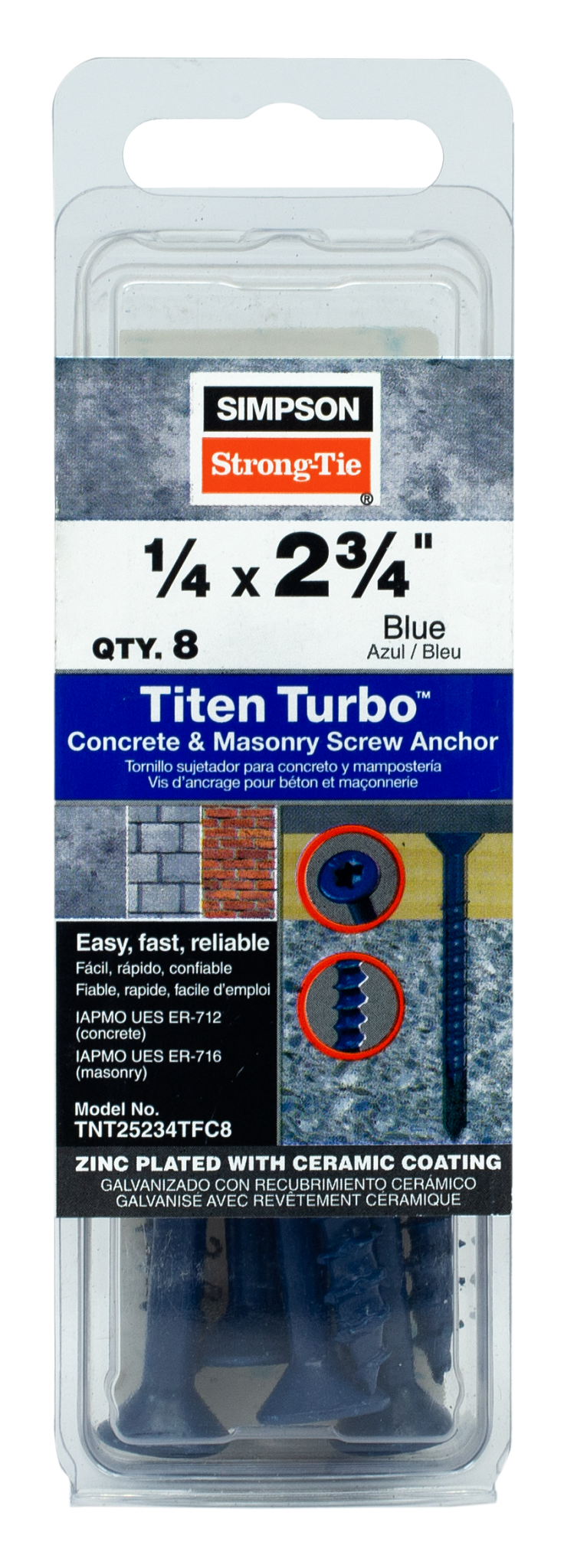 Simpson Strong-Tie TNT25234TFC8 Titen Turbo™ — 1/4 in. x 2-3/4 in. 6-Lobe Flat-Head Concrete and Masonry Screw, Blue (8-Qty) (Pack of 20)