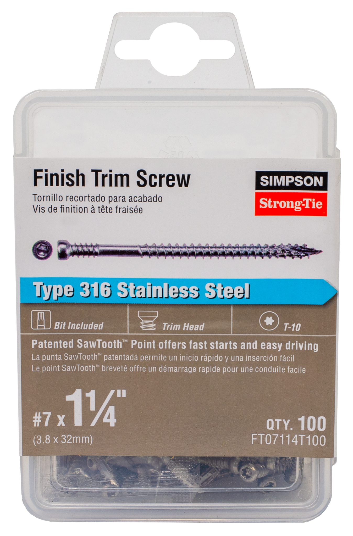 Simpson Strong-Tie FT07114T100 Finish Trim Screw — #7 x 1-1/4 in. T10, Trim-Head, Type 316 (100-Qty)