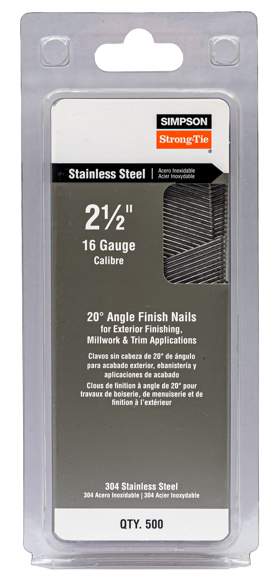Simpson Strong-Tie S16N250PFB 20° Angle, Adhesive Collation, T-Style Head, 16-Gauge Finishing Nail — 2-1/2 in. Type 304 (500-Qty) (Pack of 5)