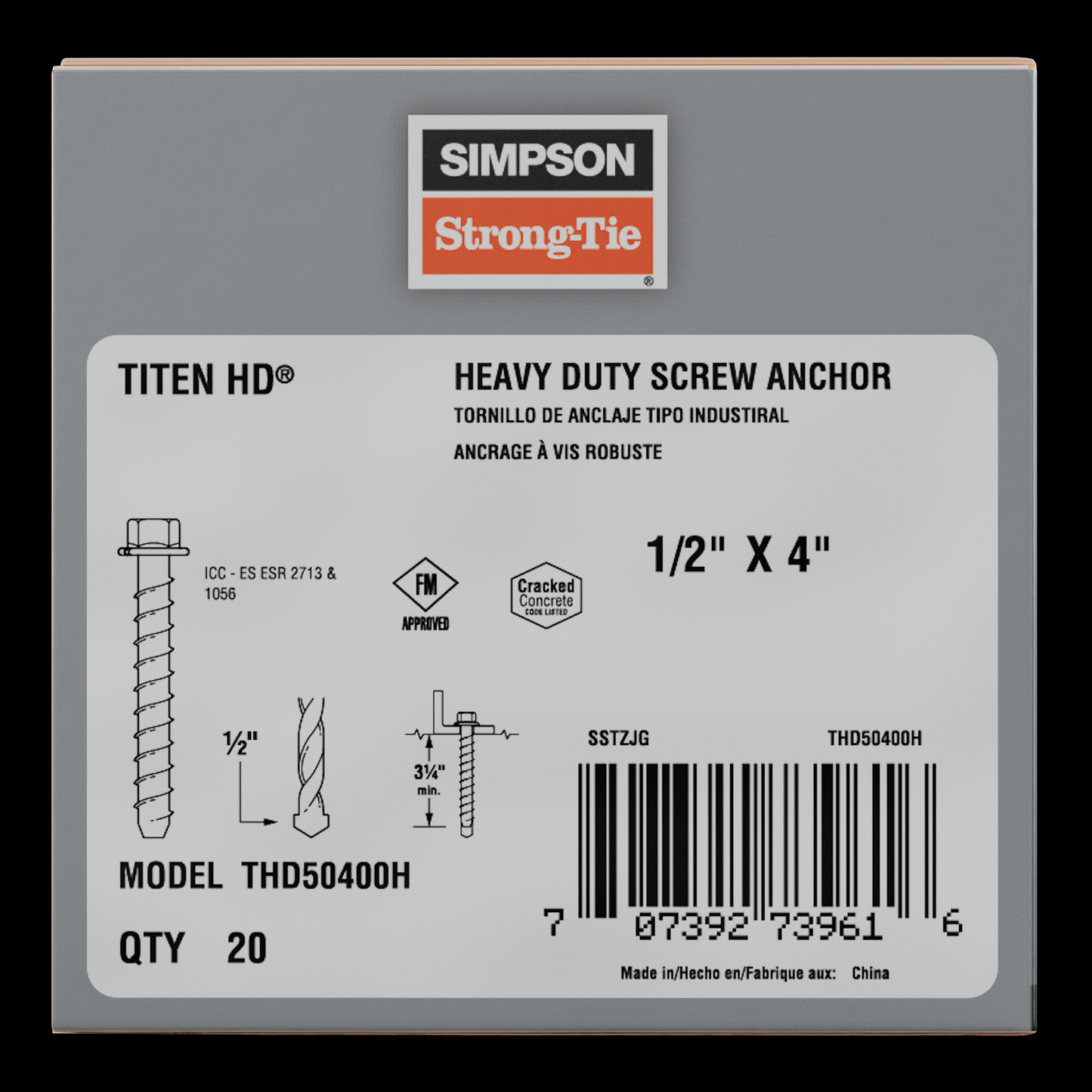 Simpson Strong-Tie THD50400H 1/2in x 4in Titen HD Heavy-Duty Screw Anchor (Pack of 20)