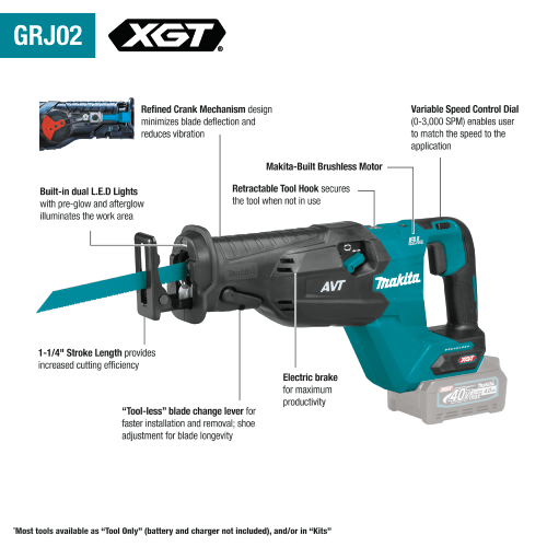 Makita GRJ02Z 40V max XGT® Brushless Cordless AVT® Orbital Recipro Saw, Tool Only