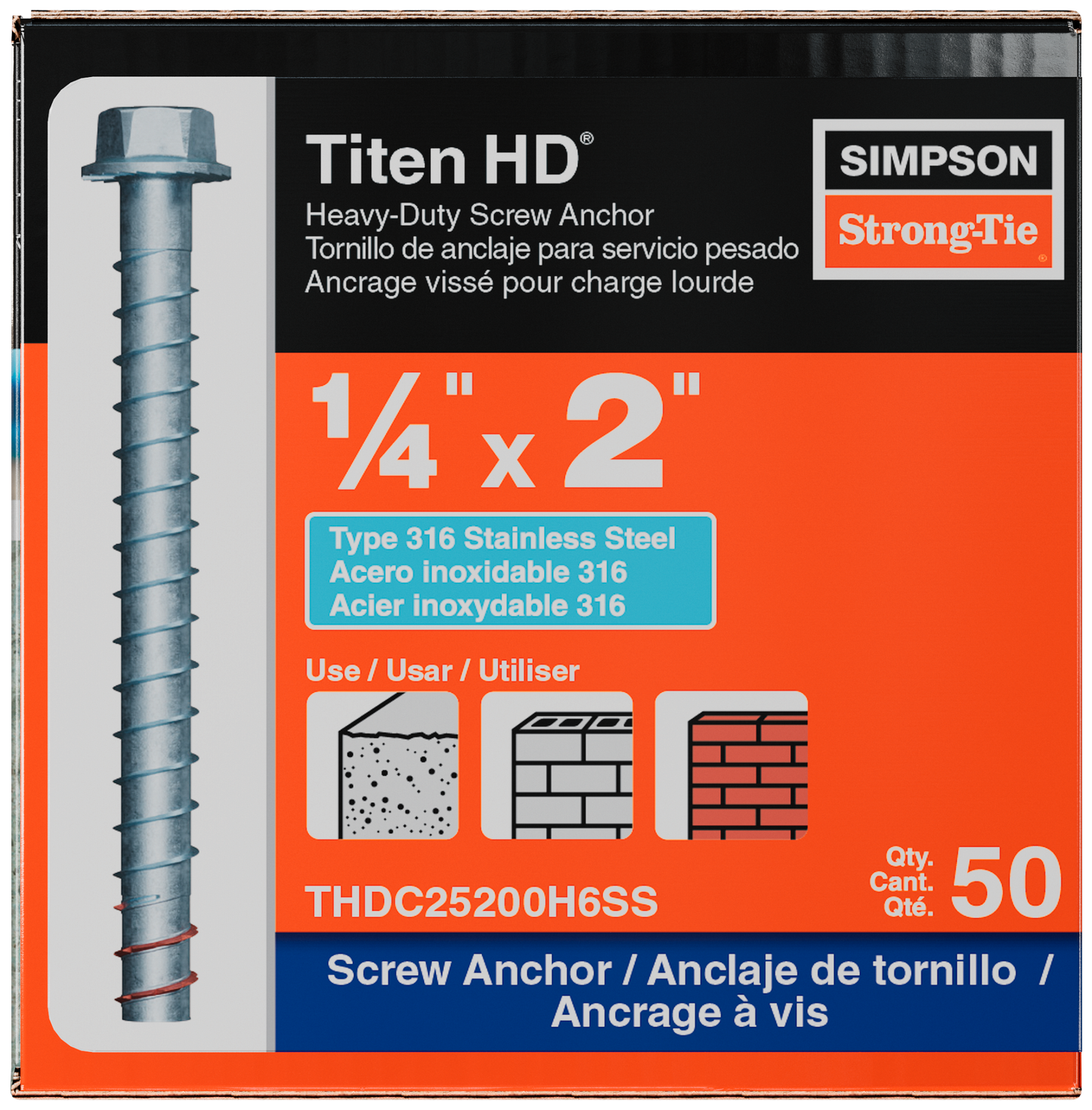 Simpson Strong-Tie THDC25200H6SS Titen HD® 1/4 in. x 2 in. Type 316 Stainless-Steel Heavy-Duty Screw Anchor (50-Qty) (Pack of 5)