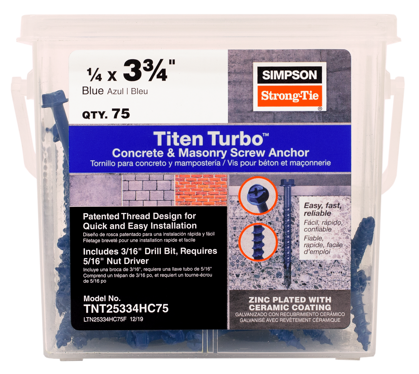 Simpson Strong-Tie TNT25334HC75 Titen Turbo™ — 1/4 in. x 3-3/4 in. Hex-Head Concrete and Masonry Screw, Blue (75-Qty) (Pack of 4)