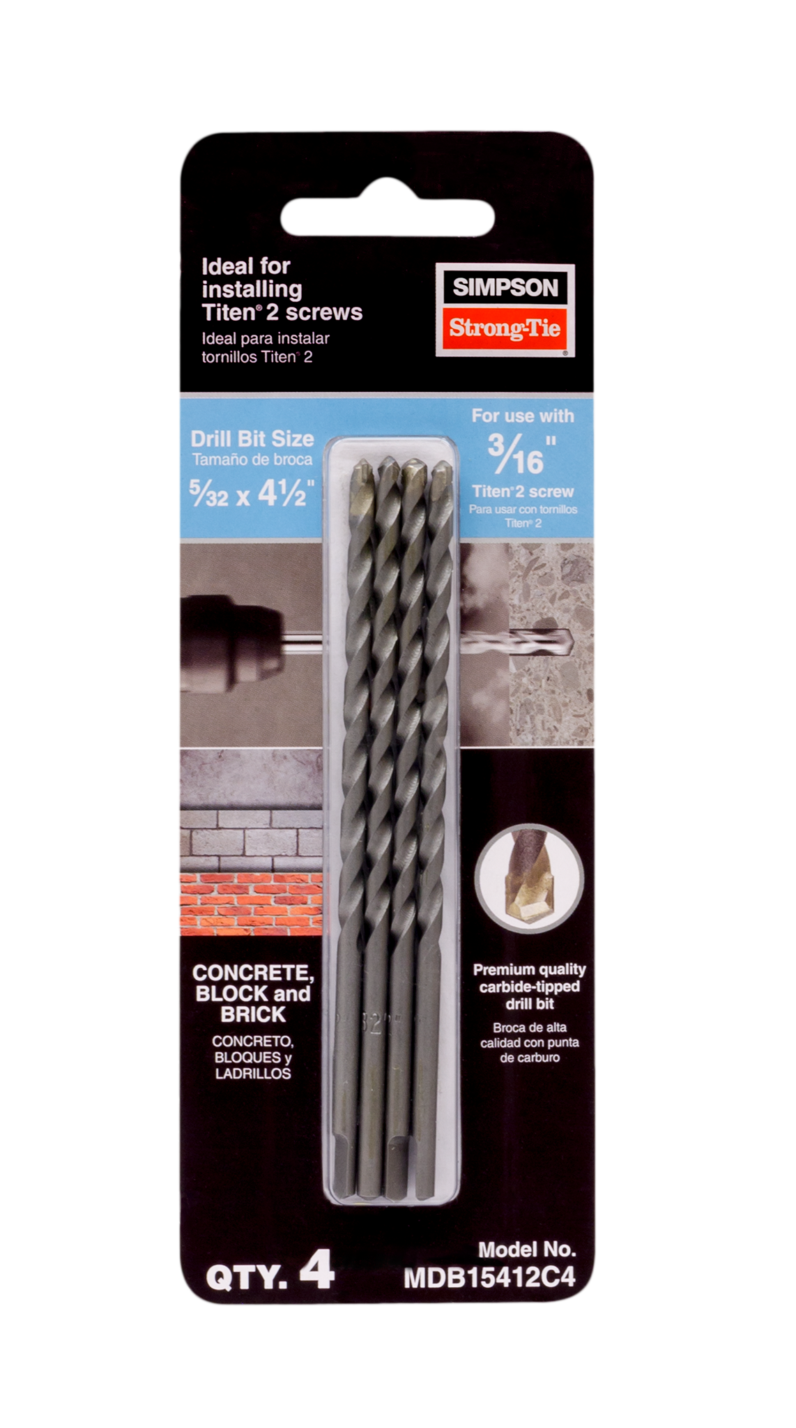 Simpson Strong-Tie MDB15412C4 Titen Turbo™ 5/32 in. x 4-1/2 in. Screw-Anchor Drill Bit (4-Qty)