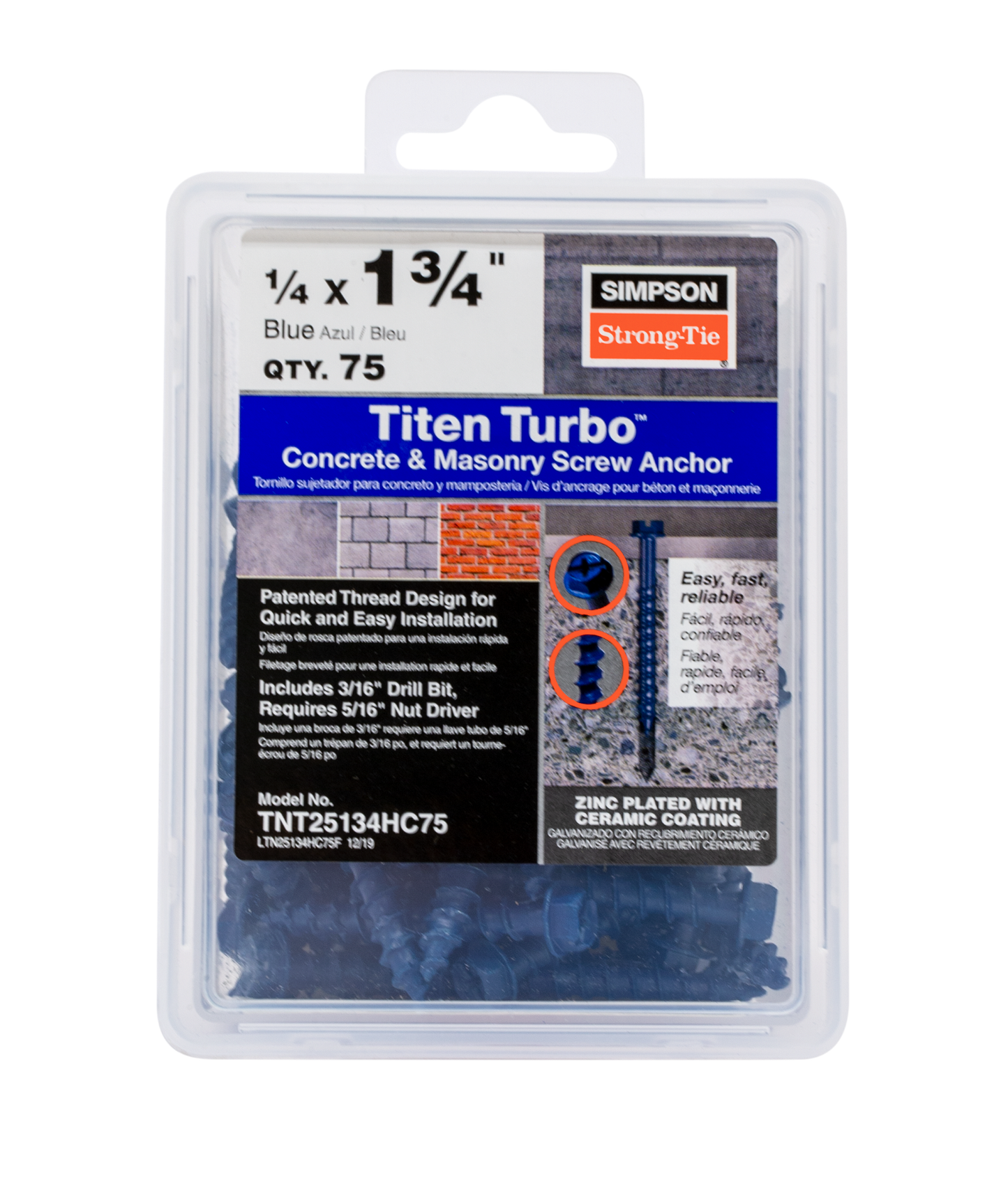 Simpson Strong-Tie TNT25134HC75 Titen Turbo™ — 1/4 in. x 1-3/4 in. Hex-Head Concrete and Masonry Screw, Blue (75-Qty) (Pack of 4)