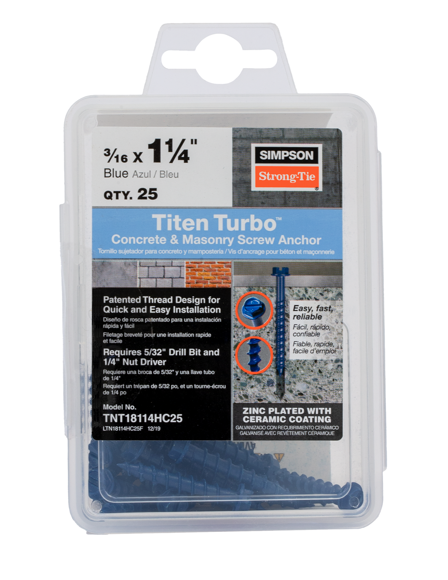 Simpson Strong-Tie TNT18114H Titen Turbo™ — 3/16 in. x 1-1/4 in. Hex-Head Concrete and Masonry Screw, Blue (100-Qty) (Pack of 16)