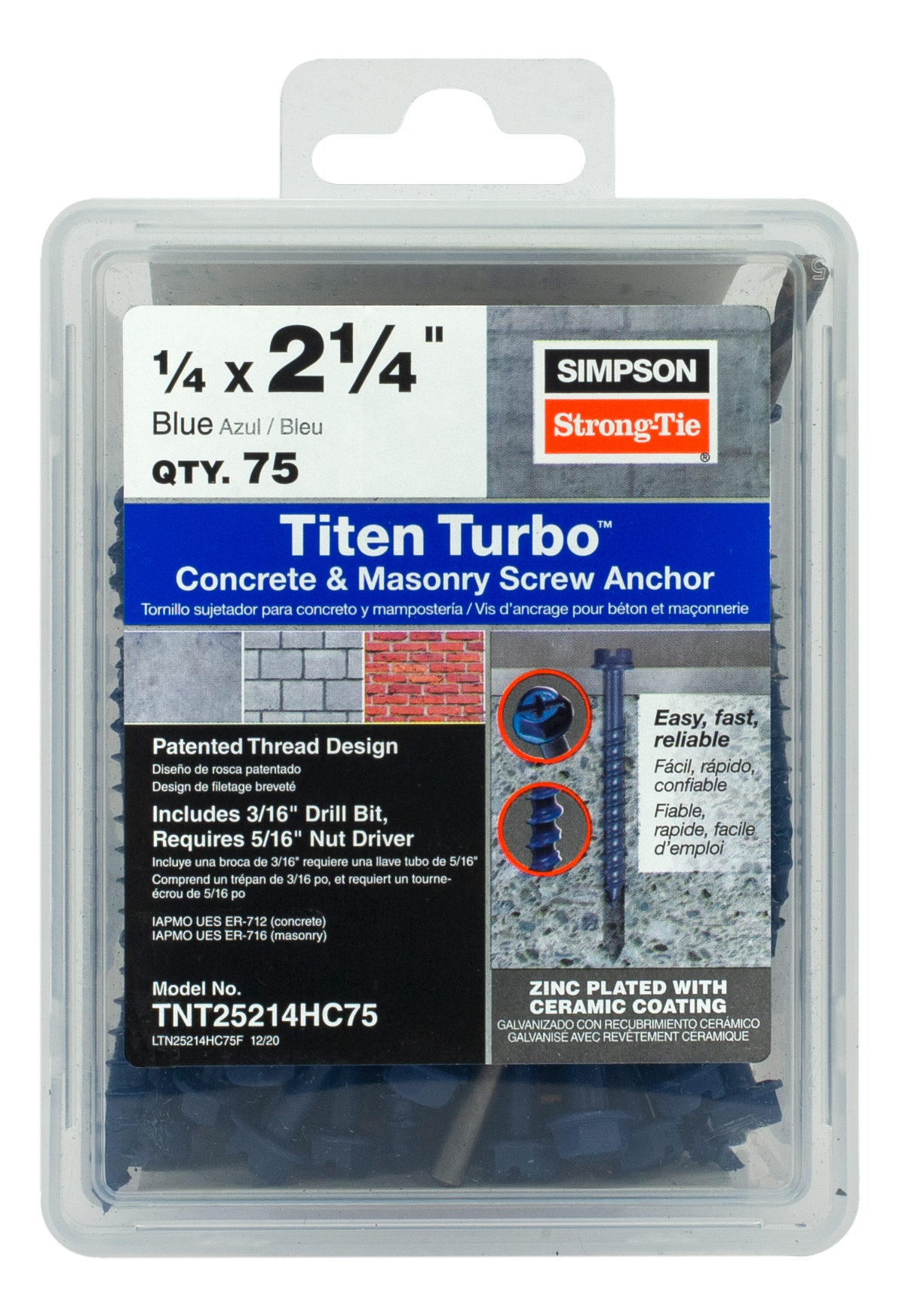 Simpson Strong-Tie TNT25214HC75 Titen Turbo™ — 1/4 in. x 2-1/4 in. Hex-Head Concrete and Masonry Screw, Blue (75-Qty) (Pack of 4)