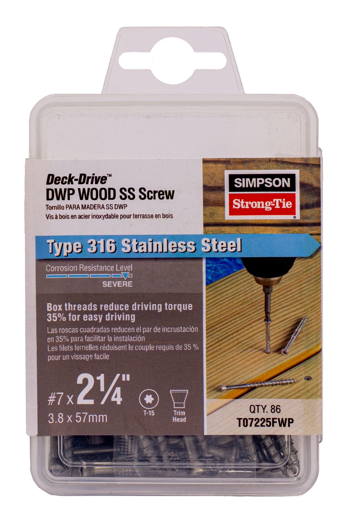 Simpson Strong-Tie T07225FWP Deck-Drive™ DWP WOOD SS Screw — #7 x 2-1/4 in. T-15, Trim Head, Type 316 (86-Qty) (Pack of 5)