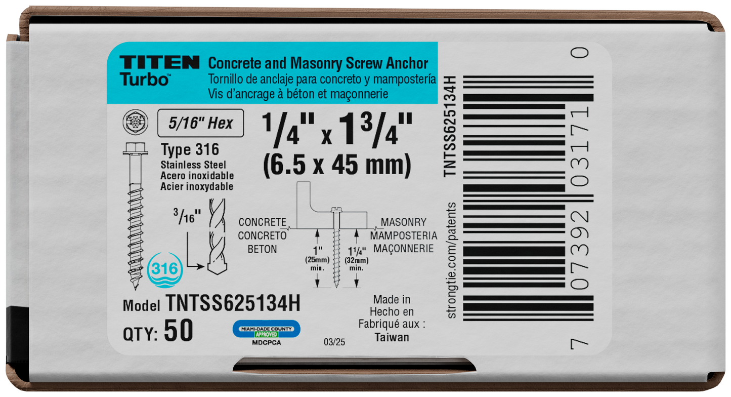 Simpson Strong-Tie TNTSS625134H Titen Turbo™ — 1/4 in. x 1-3/4 in. Type 316 Stainless-Steel Hex-Head Concrete and Masonry Screw (50-Qty)