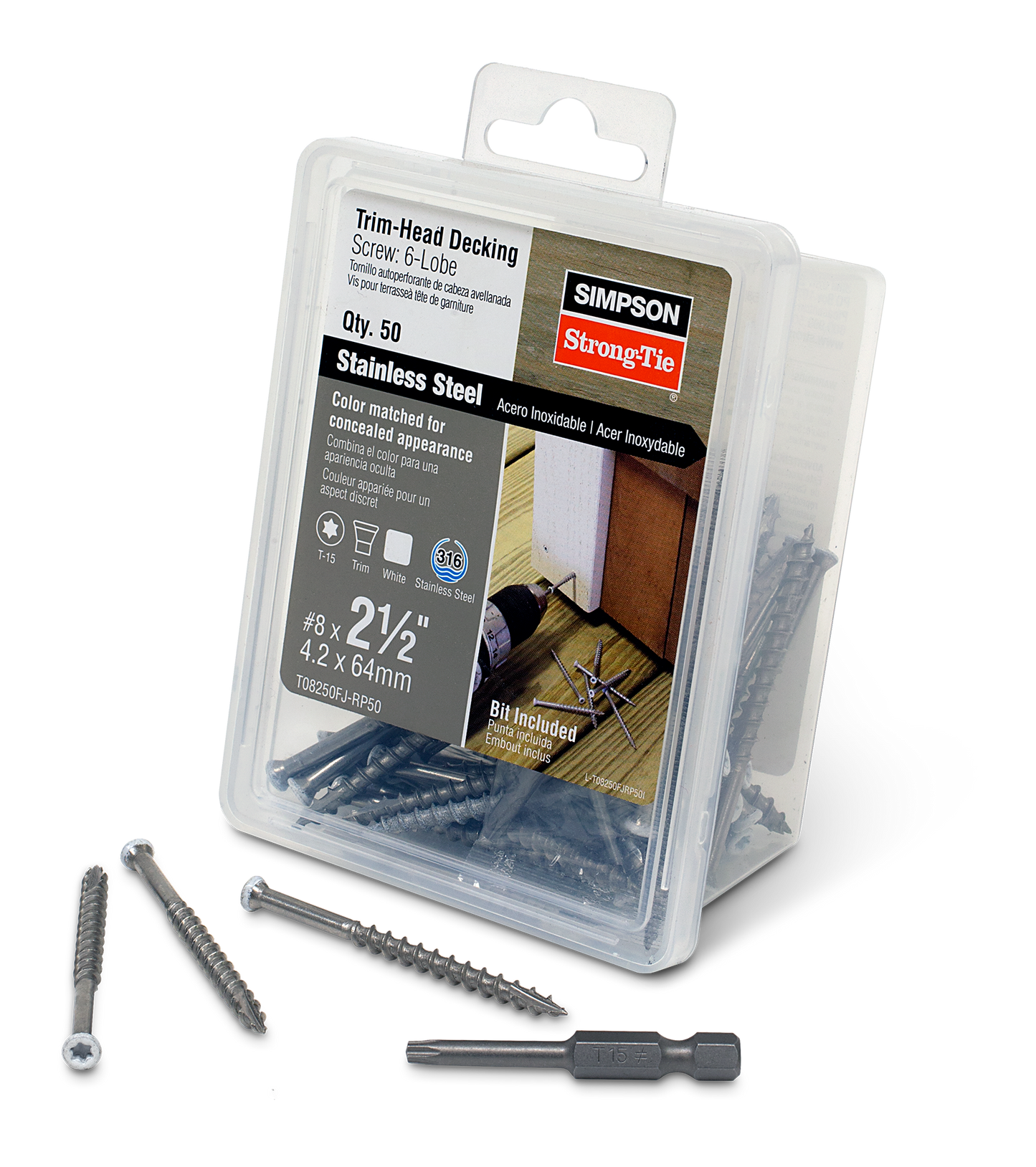 Simpson Strong-Tie T08250FJ-RP50 Trim-Head Screw, 6-Lobe Drive — #8 x 2-1/2 in. T-15 Type 316, White 01 (50-Qty)
