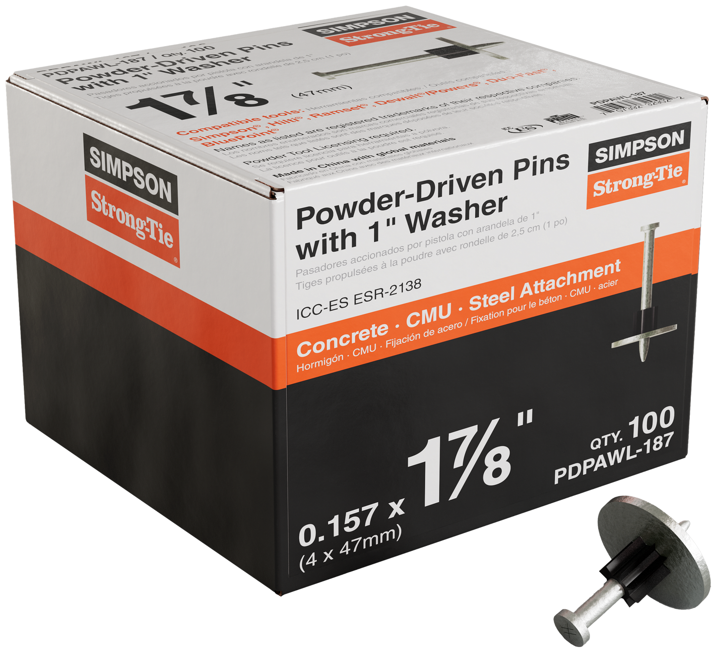 Simpson Strong-Tie PDPAWL-187 PDPAWL .157-in. x 1-7/8-in. Powder-Actuated Pin w/ 1-in. Washer (100-Qty)