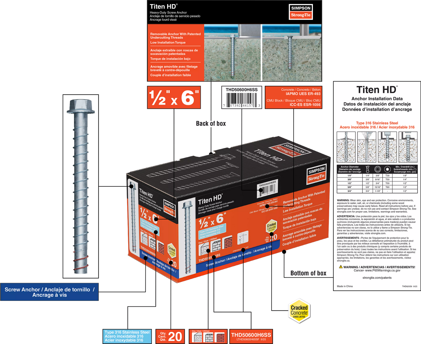 Simpson Strong-Tie THD50600H6SS Titen HD® 1/2 in. x 6 in. Type 316 Stainless-Steel Heavy-Duty Screw Anchor (20-Qty)