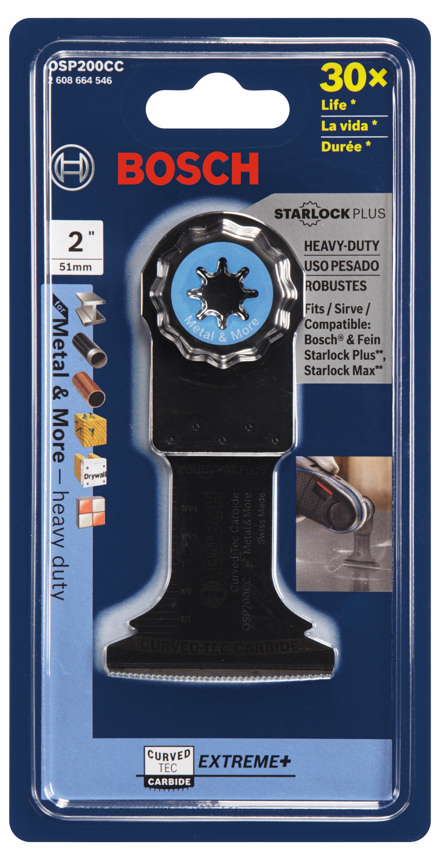 Herramienta multiusos oscilante StarlockPlus® de 2 pulgadas BOSCH OSP200CC con hoja de carburo Curved-Tec de inmersión extrema