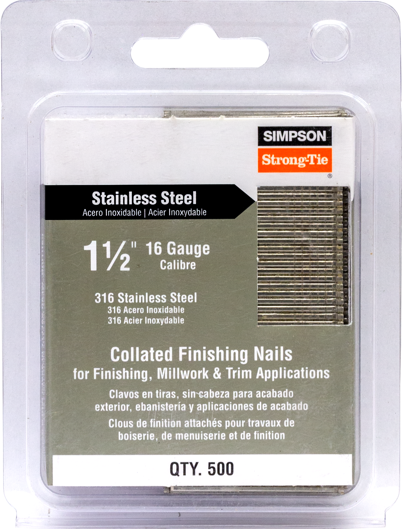Simpson Strong-Tie T16N150FNB Straight, Adhesive Collation, T-Style Head, 16-Gauge Finishing Nail — 1-1/2 in. Type 316 (500-Qty) (Pack of 5)