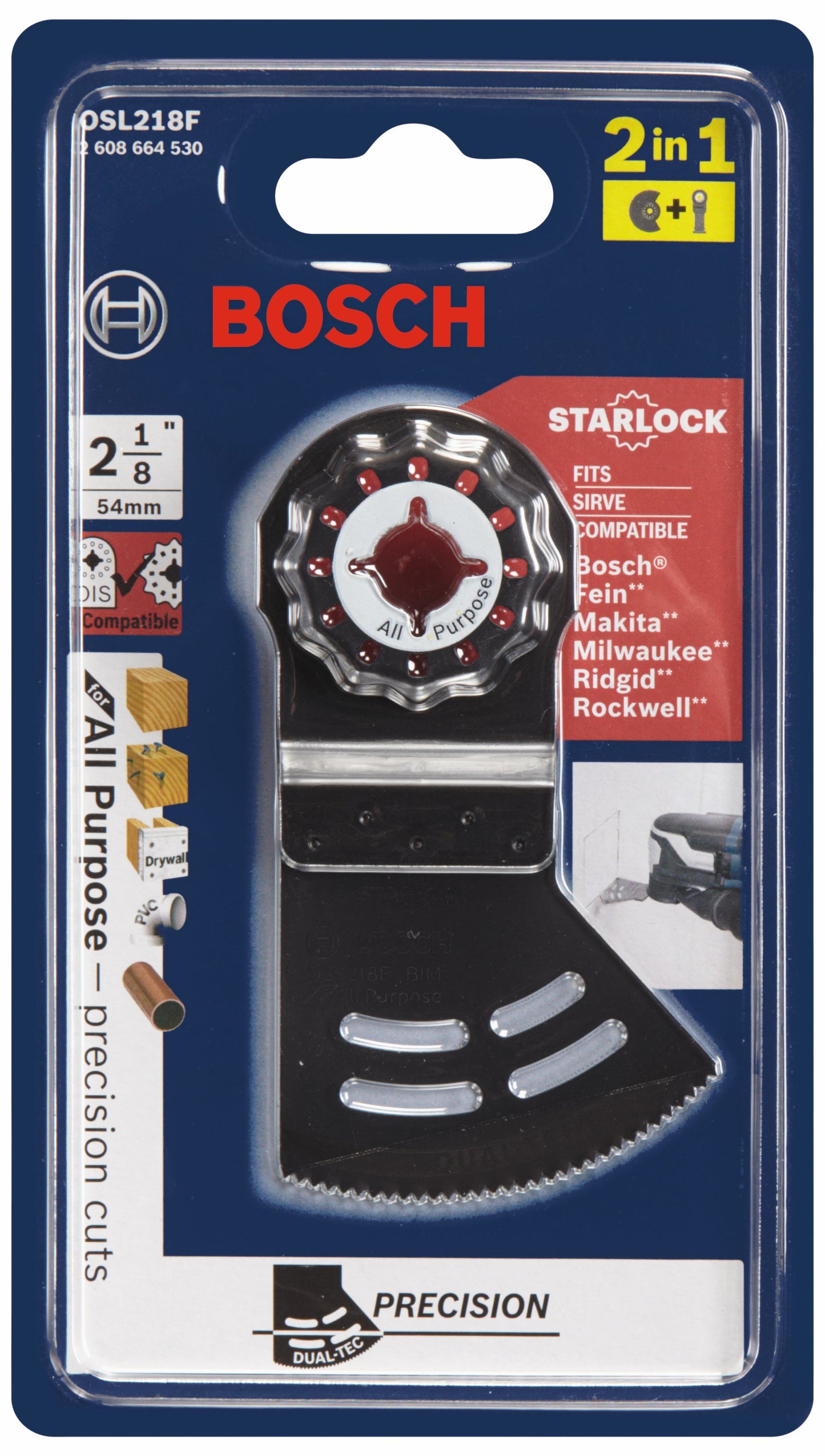 Herramienta multiusos oscilante Starlock® 2 en 1 BOSCH OSL218F de 2-1/8 pulg. con hoja de inmersión bimetálica Dual-Tec
