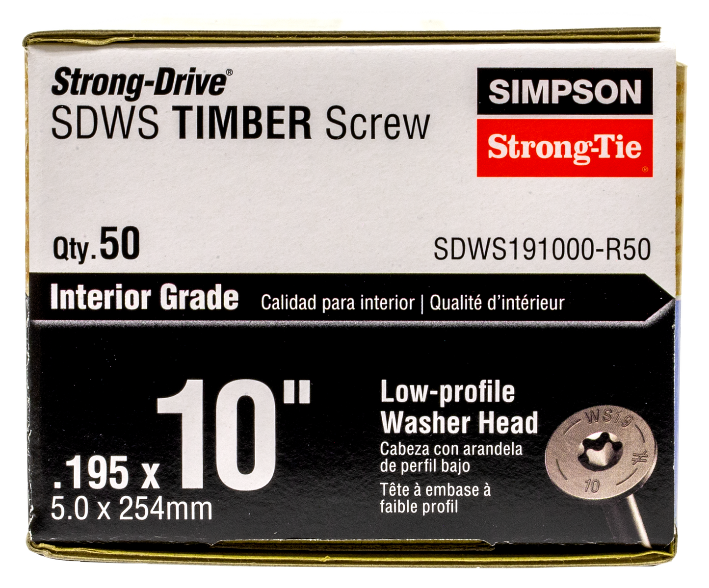 Simpson Strong-Tie SDWS191000-R50 Strong-Drive® SDWS™ TIMBER Screw (Interior) — 0.195 in. x 10 in. E-coat® (50-Qty)