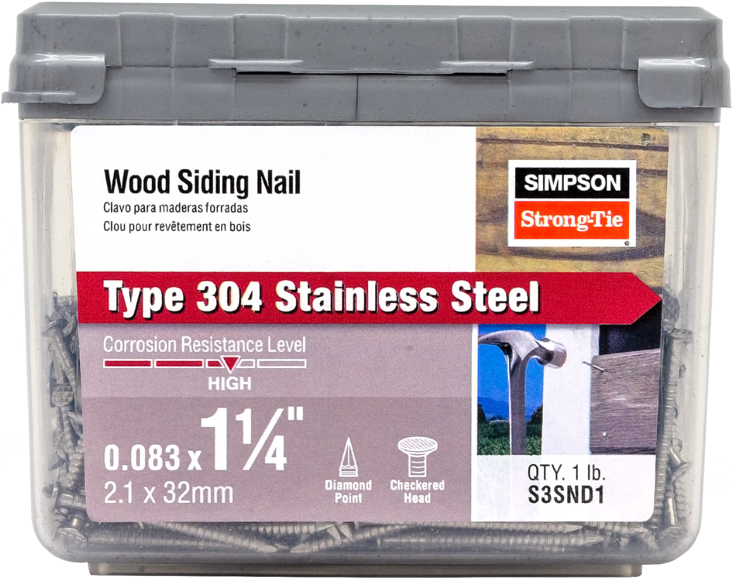 Simpson Strong-Tie S3SND1 Wood Siding Nail — 1-1/4-in. x .083-in. Type 304 Stainless Steel (1 lb.) (Pack of 10)