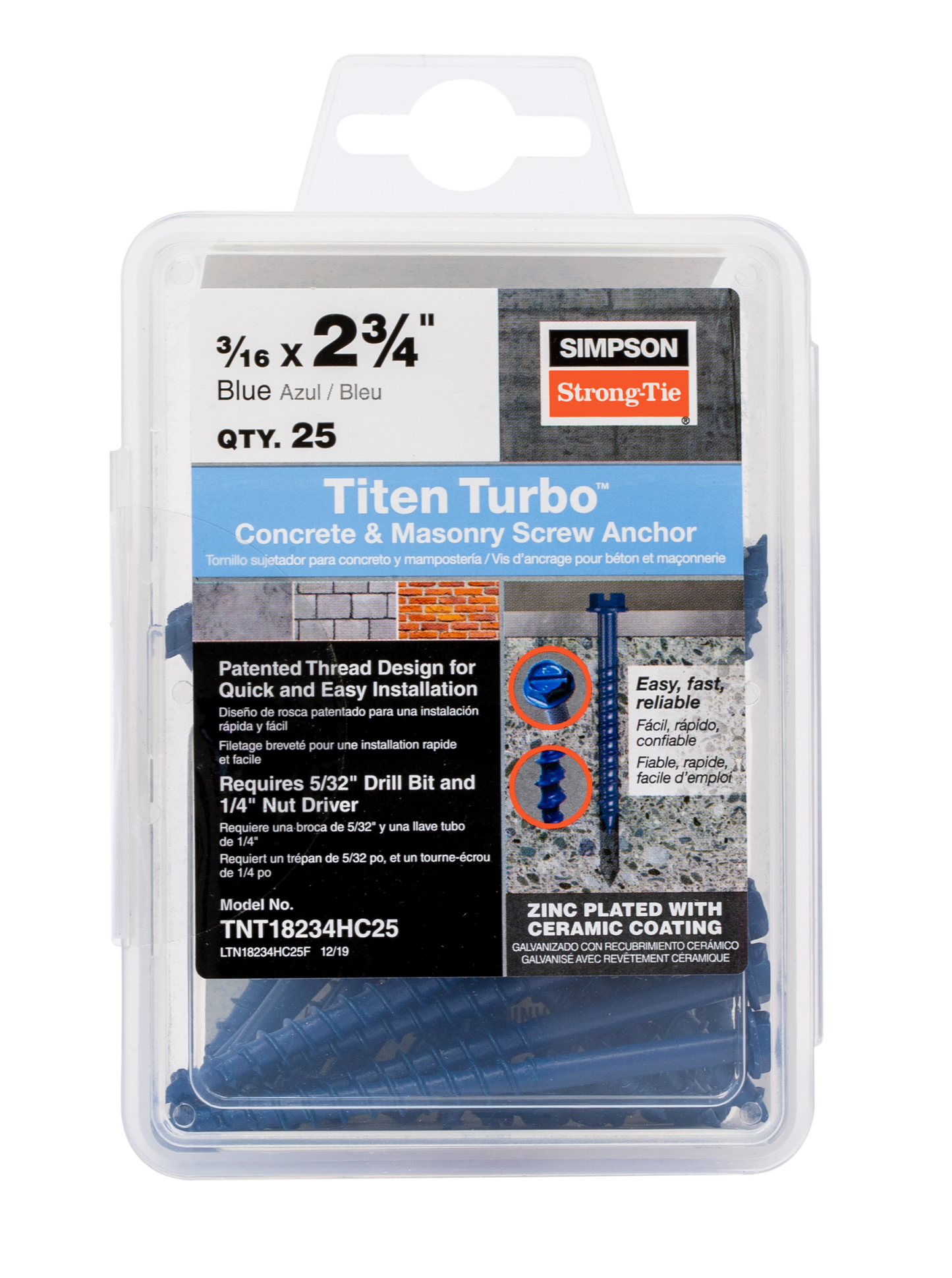 Simpson Strong-Tie TNT18234HC25 Titen Turbo™ — 3/16 in. x 2-3/4 in. Hex-Head Concrete and Masonry Screw, Blue (25-Qty) (Pack of 5)