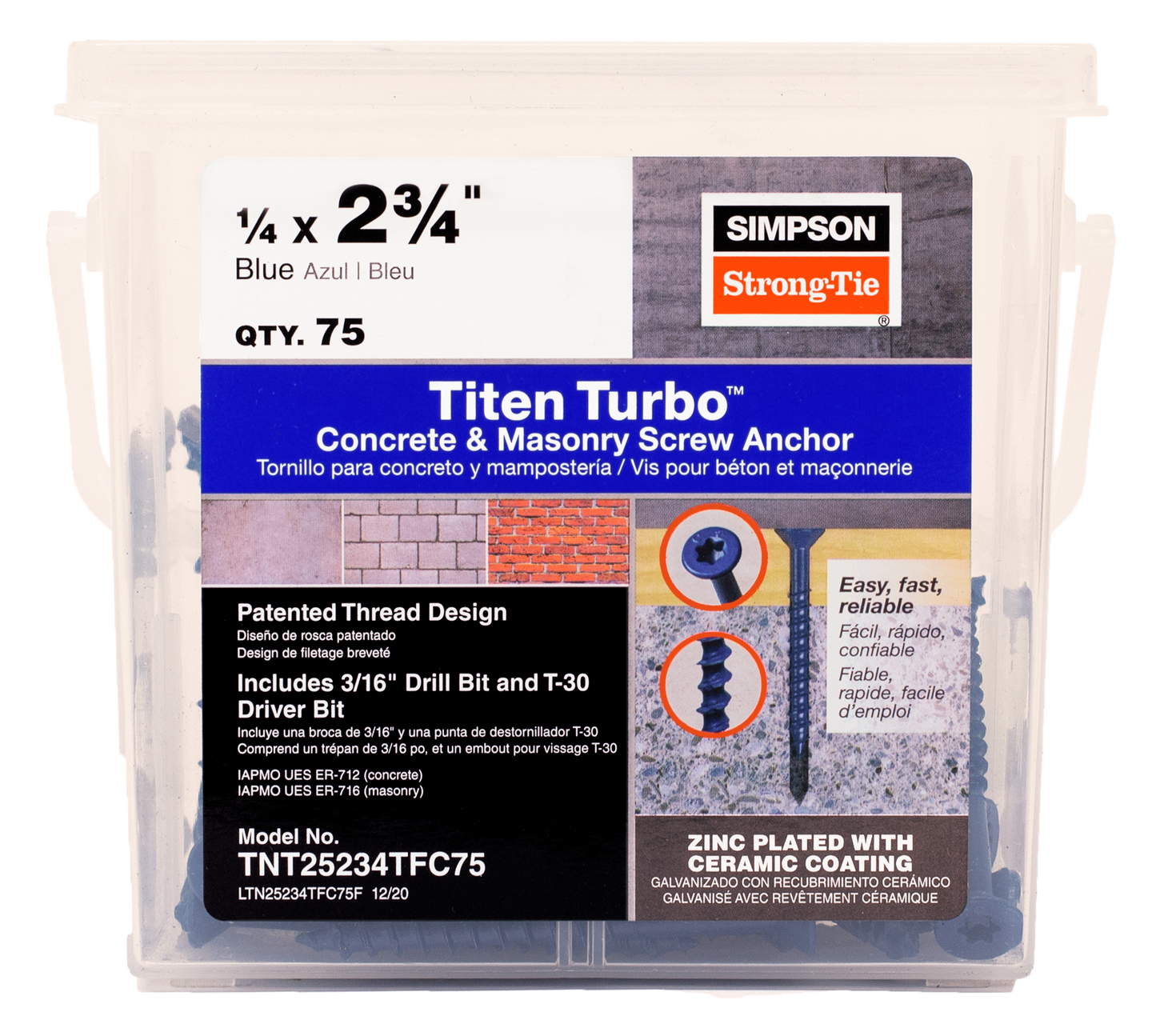 Simpson Strong-Tie TNT25234TFC75 Titen Turbo™ — 1/4 in. x 2-3/4 in. 6-Lobe Flat-Head Concrete and Masonry Screw, Blue (75-Qty) (Pack of 336)