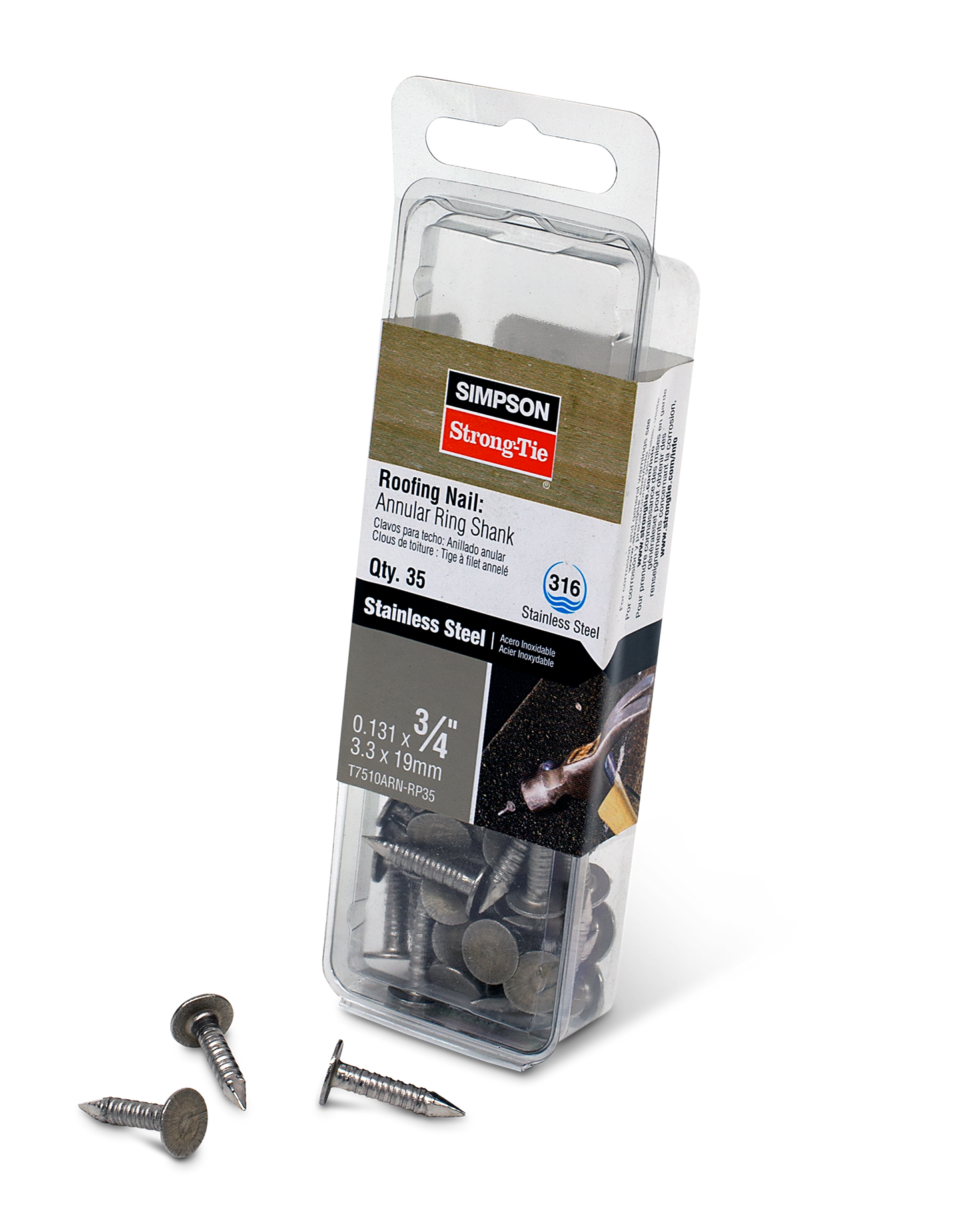Simpson Strong-Tie T7510ARN-RP35 Roofing Nail, Annular Ring Shank — 3/4-in. x .131-in. Type 316 Stainless Steel (35-Qty) (Pack of 5)