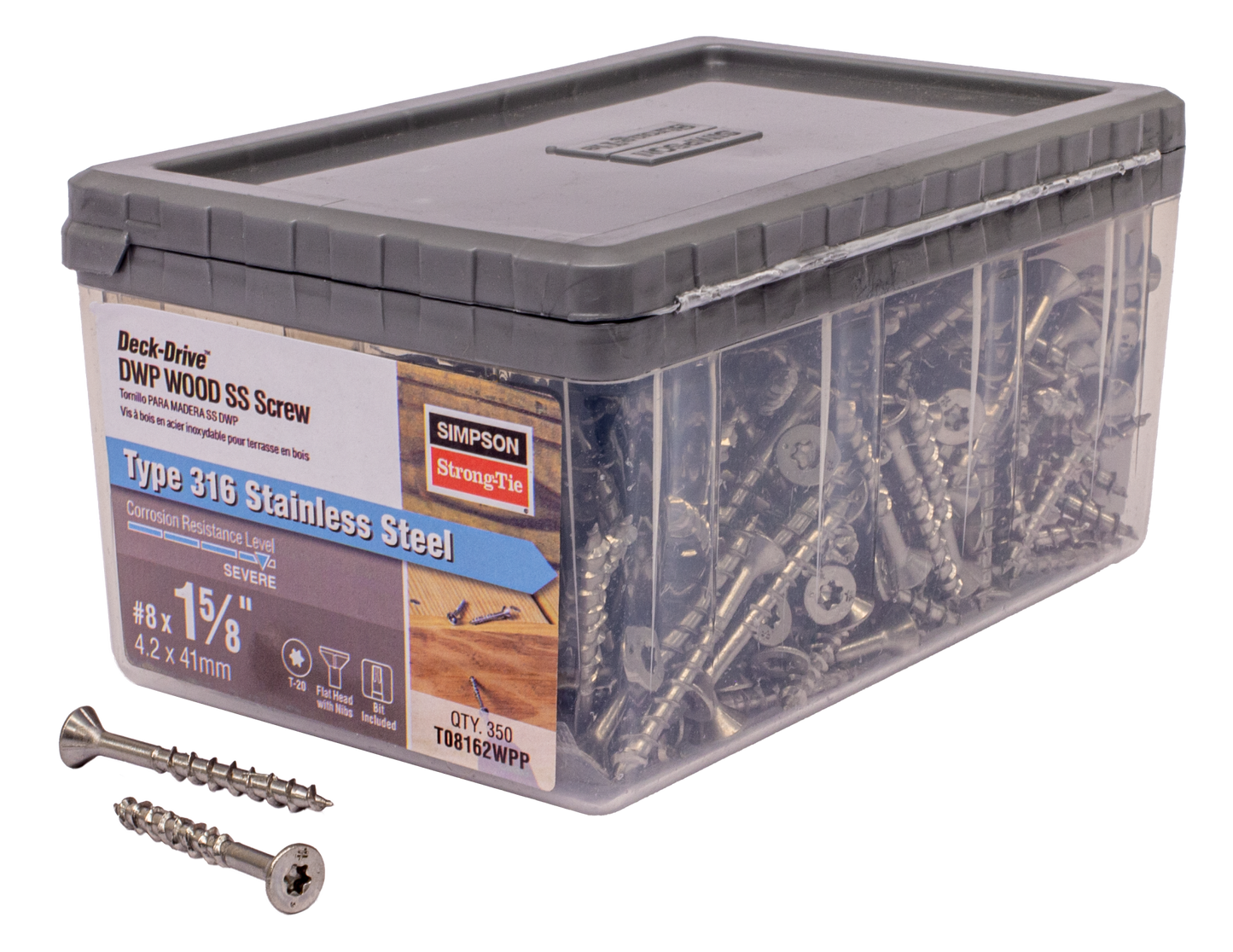 Simpson Strong-Tie T08162WPP Deck-Drive™ DWP WOOD SS Screw — #8 x 1-5/8 in. T20, Flat Head, Type 316 (350-Qty)