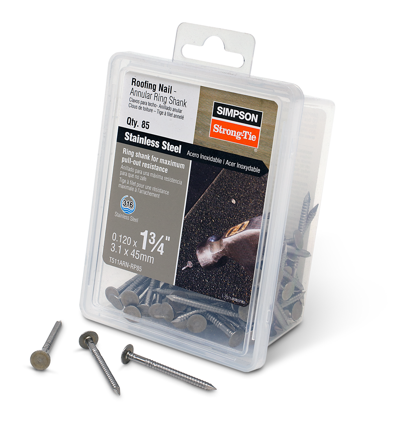 Simpson Strong-Tie T511ARN-RP85 Roofing Nail, Annular Ring Shank — 1-3/4-in. x .120-in. Type 316 Stainless Steel (85-Qty) (Pack of 4)