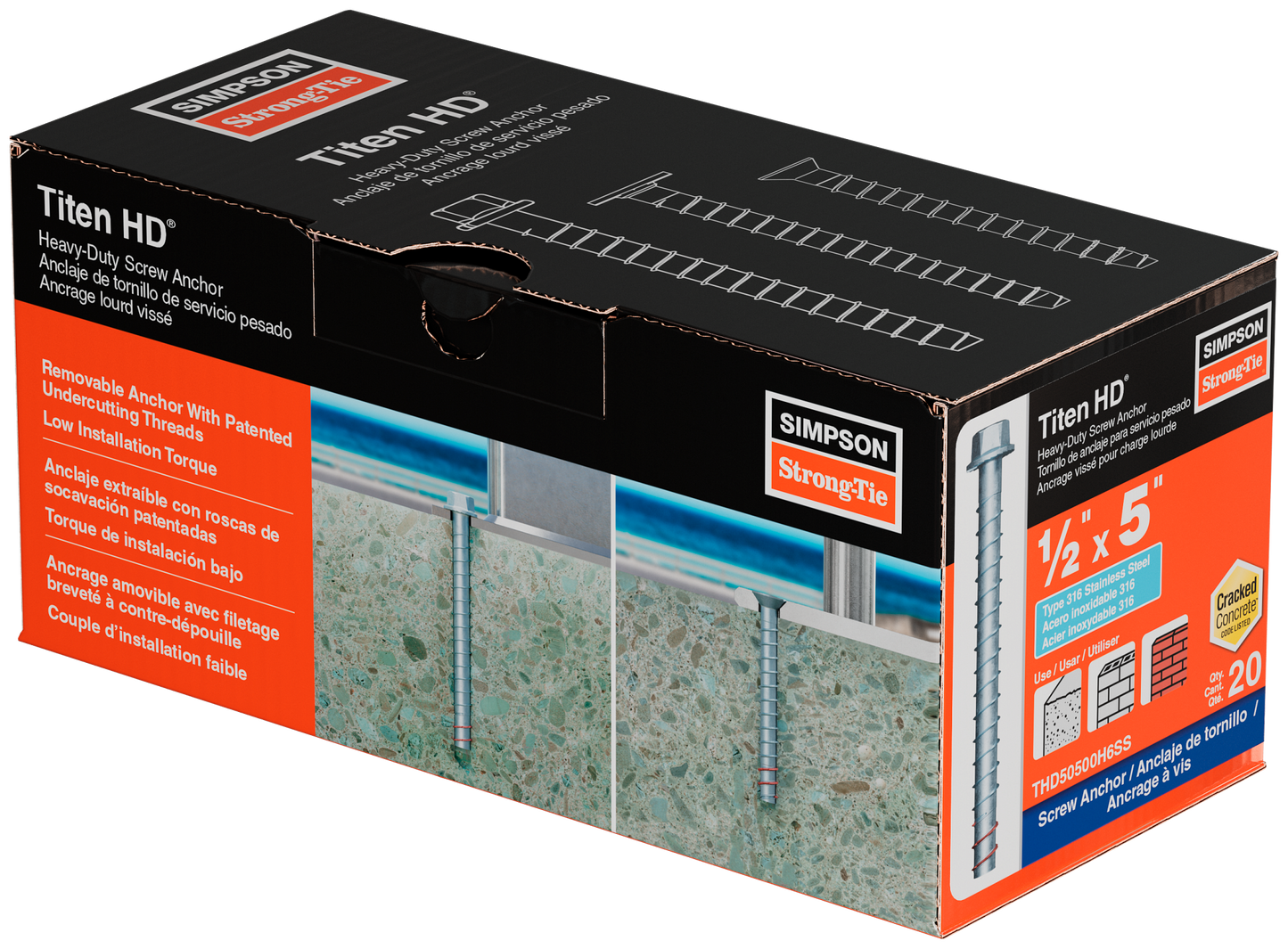 Simpson Strong-Tie THD50500H6SS Titen HD® 1/2 in. x 5 in. Type 316 Stainless Steel Heavy-Duty Screw Anchor (20-Qty) (Pack of 4)