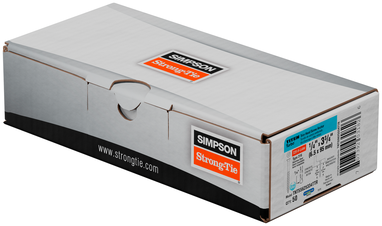 Simpson Strong-Tie TNTSS625334TTR Titen Turbo™ — 1/4 in. x 3-3/4 in. Type 316 Stainless-Steel Trim-Head Concrete and Masonry Screw (50-Qty)