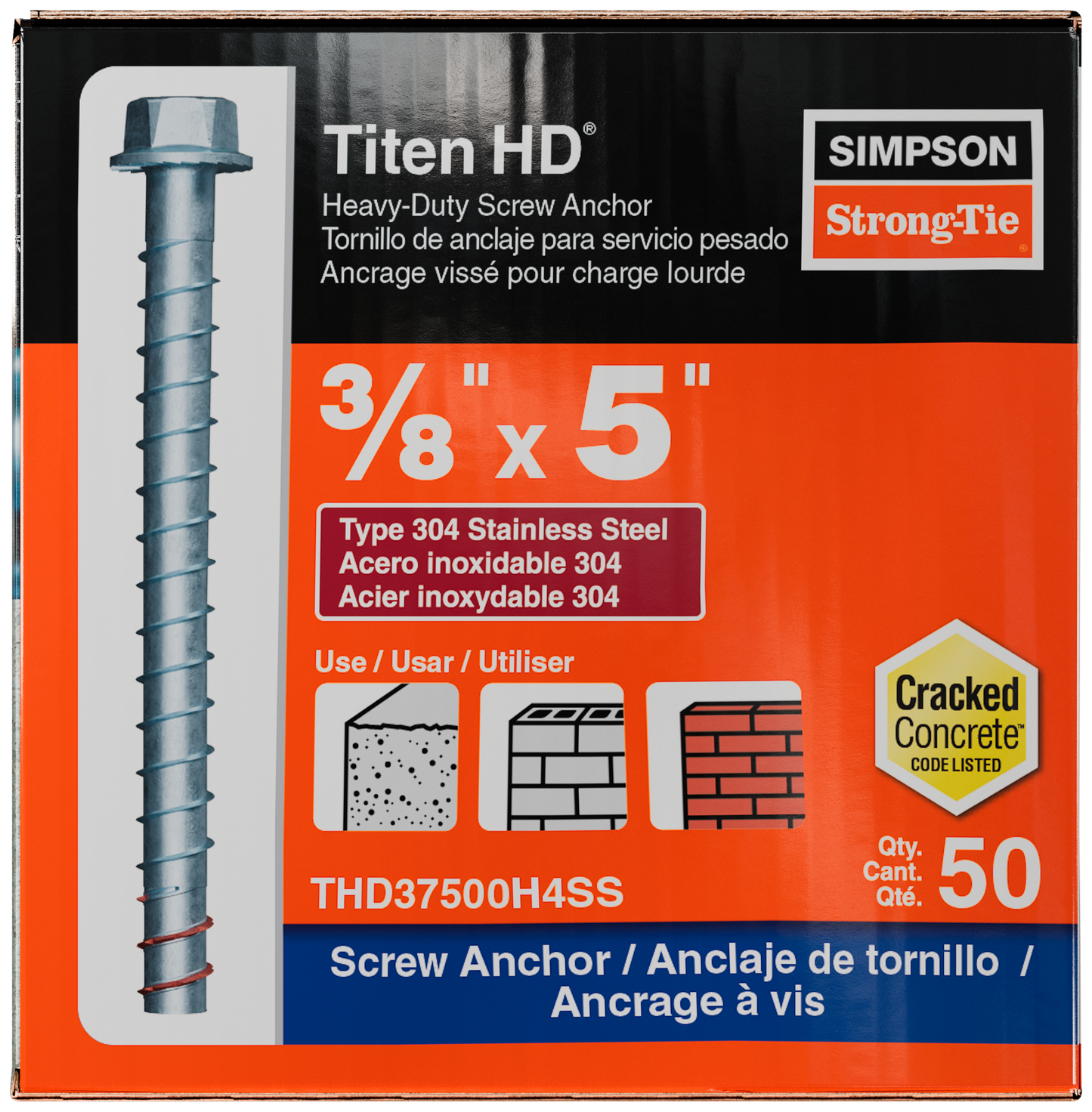 Simpson Strong-Tie THD37500H4SS Titen HD® 3/8 in. x 5 in. Type 304 Stainless Steel Heavy-Duty Screw Anchor (50-Qty) (Pack of 2)