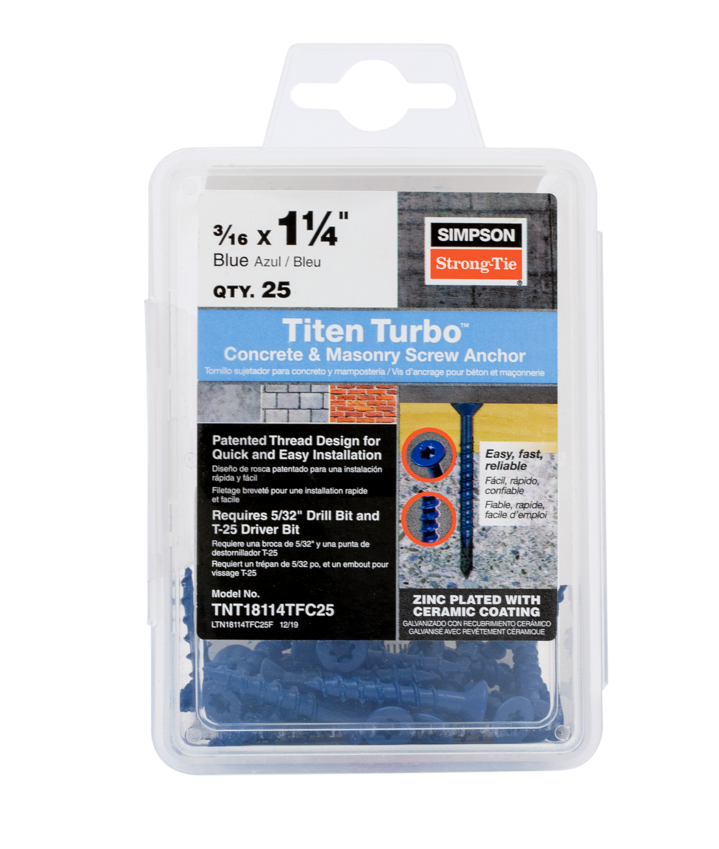 Simpson Strong-Tie TNT18114TF Titen Turbo™ — 3/16 in. x 1-1/4 in. 6-Lobe Flat-Head Concrete and Masonry Screw, Blue (100-Qty) (Pack of 16)