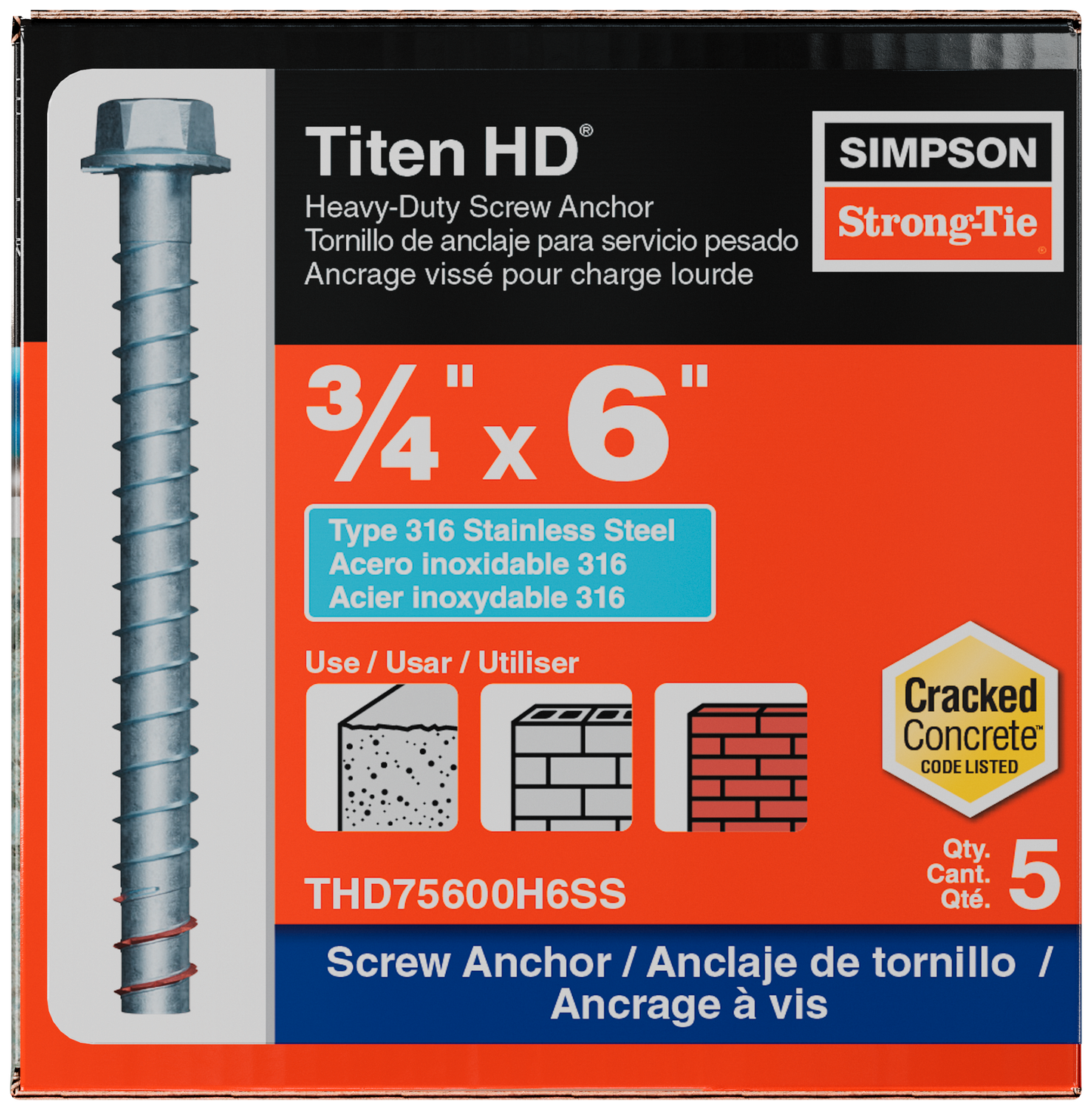 Simpson Strong-Tie THD75600H6SS Titen HD® 3/4 in. x 6 in. Type 316 Stainless Steel Heavy-Duty Screw Anchor (5-Qty) (Pack of 4)