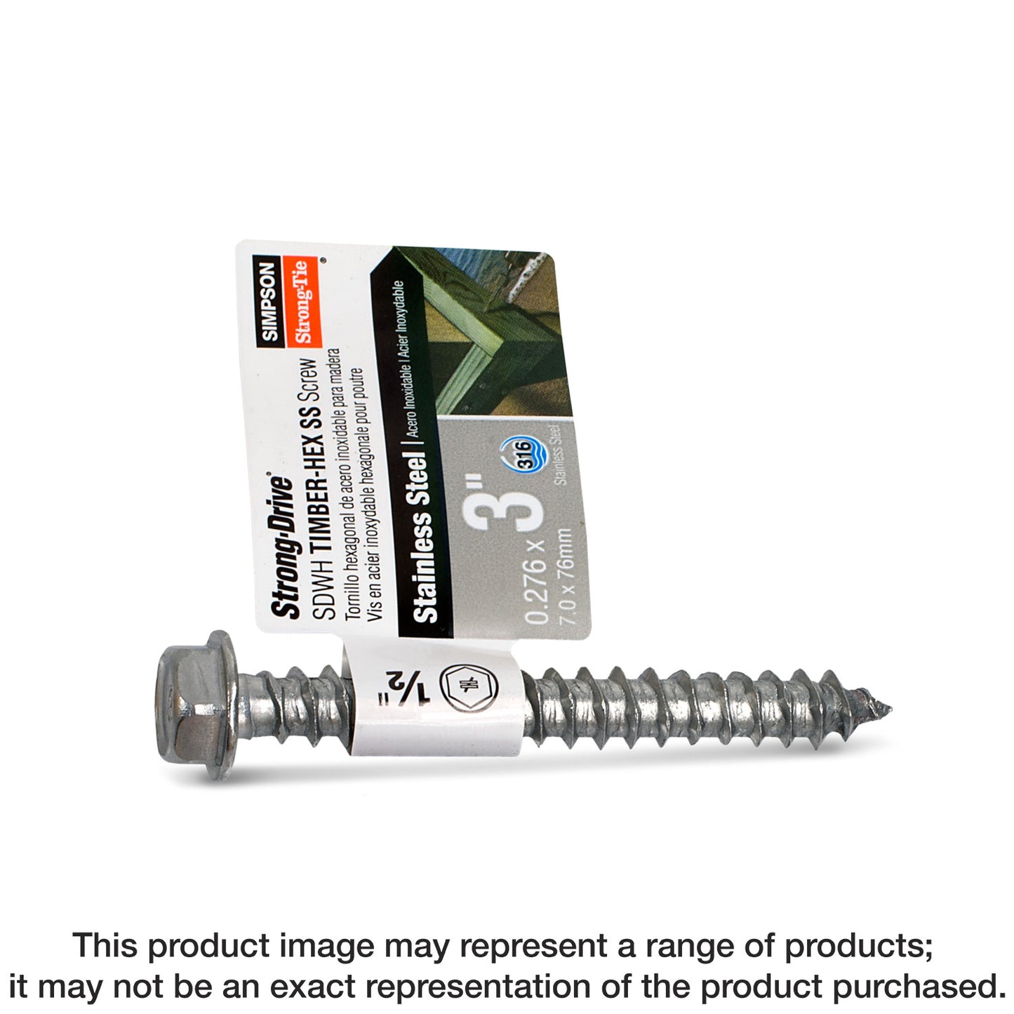 Simpson Strong-Tie SDWH27300SS-R100 Strong-Drive® SDWH™ TIMBER-HEX SS Screw — 0.275 in. x 3 in. 1/2 Hex, Type 316 (100-Qty)