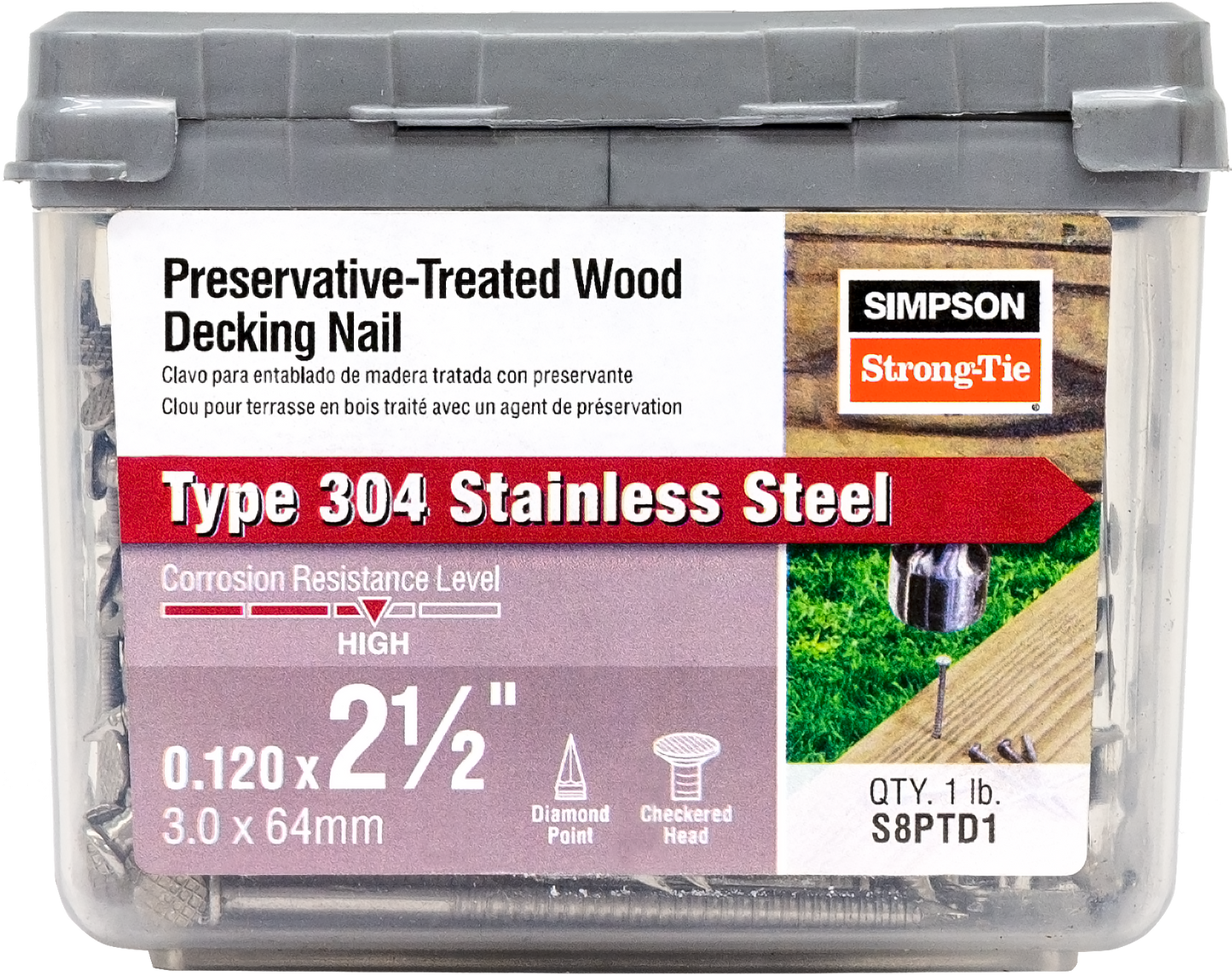 Simpson Strong-Tie S8PTD1 Preservative-Treated Wood Decking Nail, Ring Shank — 2-1/2 in. x .120 in. Type 304 (1 lb.)