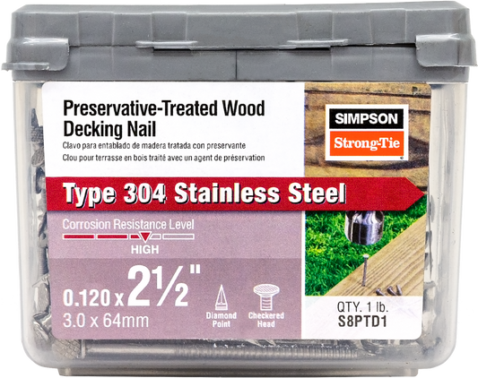Simpson Strong-Tie S8PTD1 Preservative-Treated Wood Decking Nail, Ring Shank — 2-1/2 in. x .120 in. Type 304 (1 lb.) (Pack of 10)