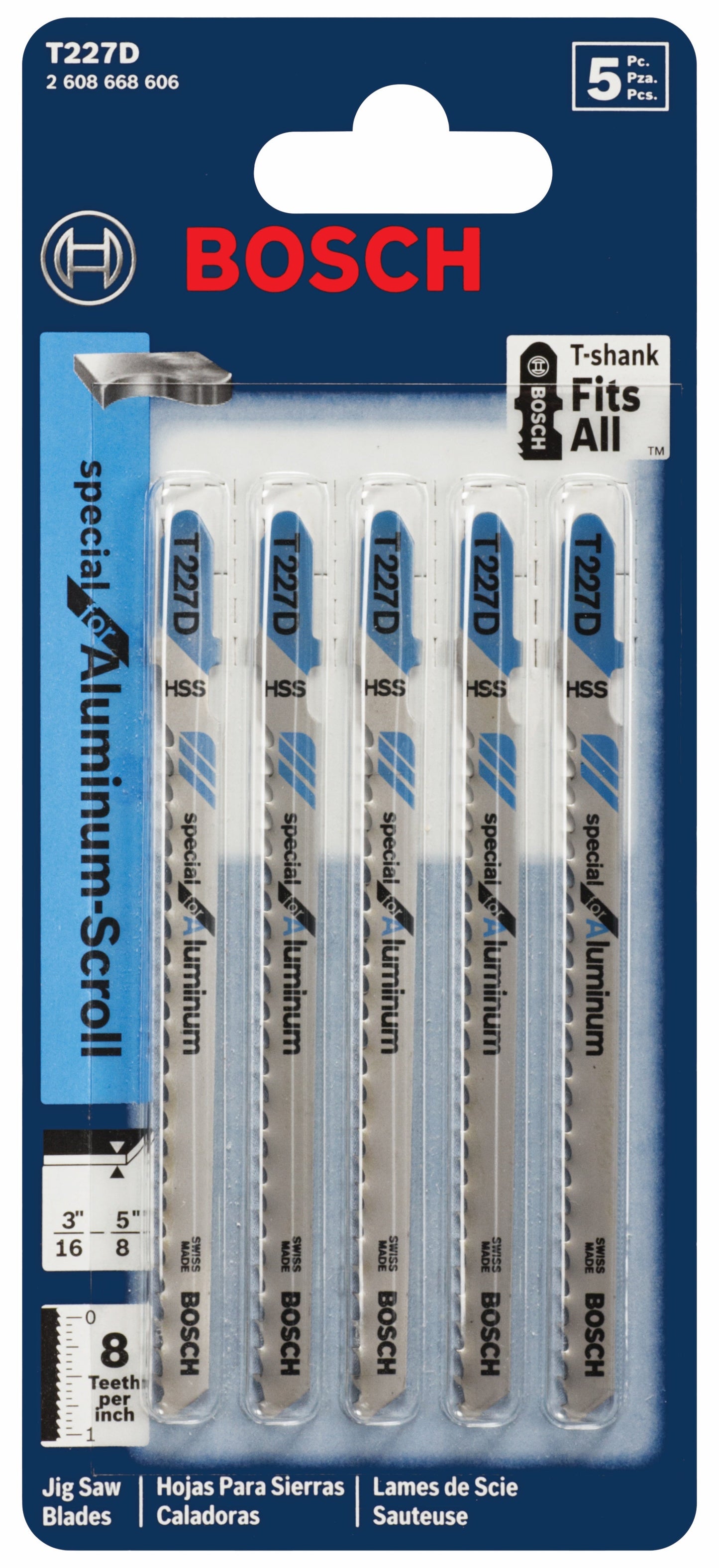 Hojas de sierra caladora BOSCH T227D de 5 piezas, 4 pulg., 8 dientes por pulgada, especiales para aluminio con vástago en T