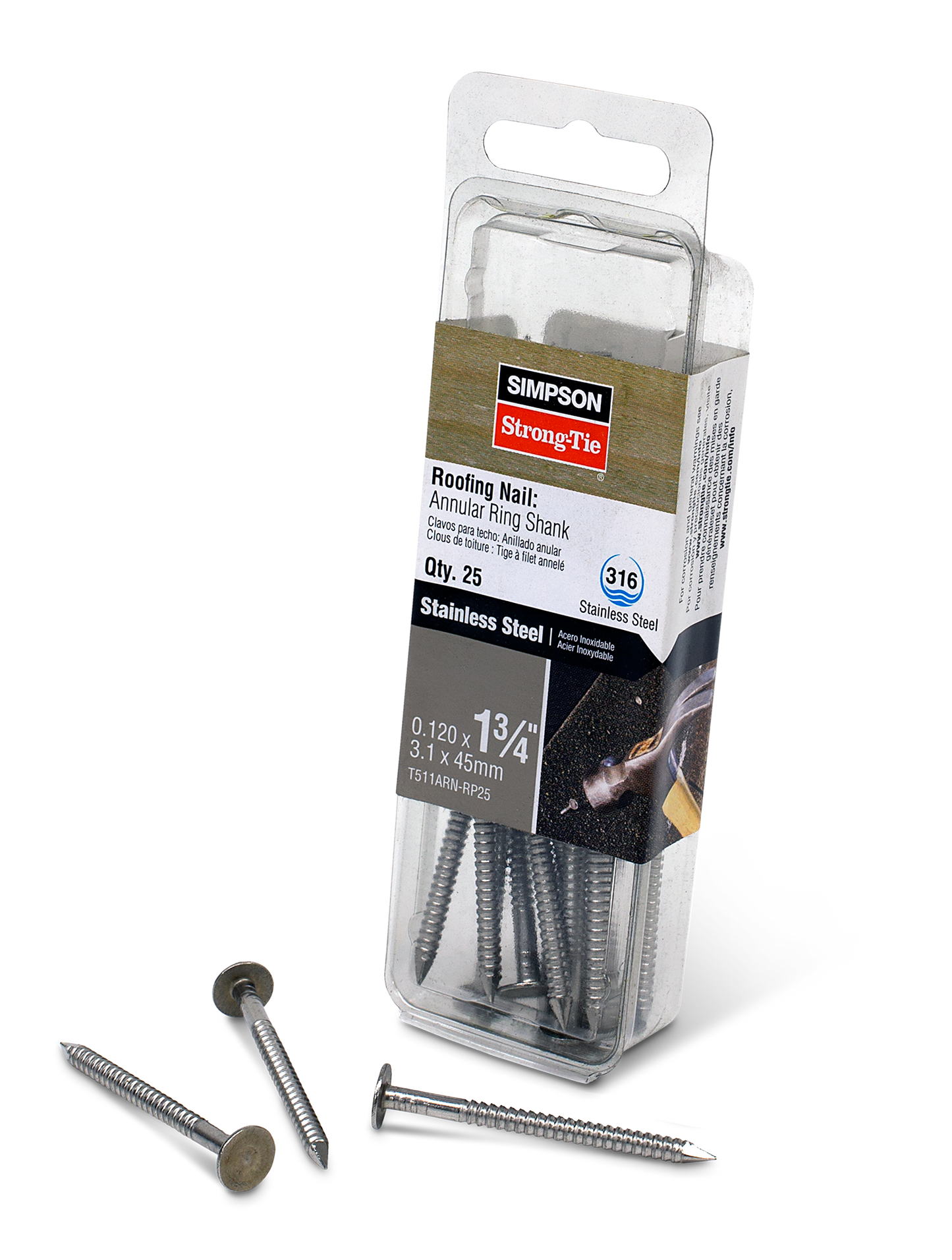 Simpson Strong-Tie T511ARN-RP25 Roofing Nail, Annular Ring Shank — 1-3/4-in. x .120-in. Type 316 Stainless Steel (25-Qty) (Pack of 3240)