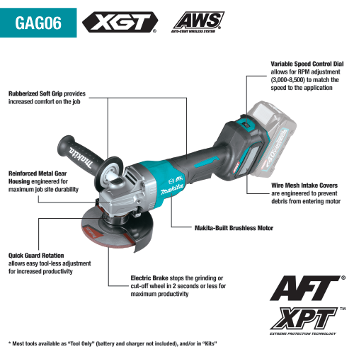 Makita GAG06Z 40V max XGT® 4-1/2” / 5" Paddle Switch Angle Grinder, electric brake, AWS® Capable, no lock-off, lock-on (Tool Only