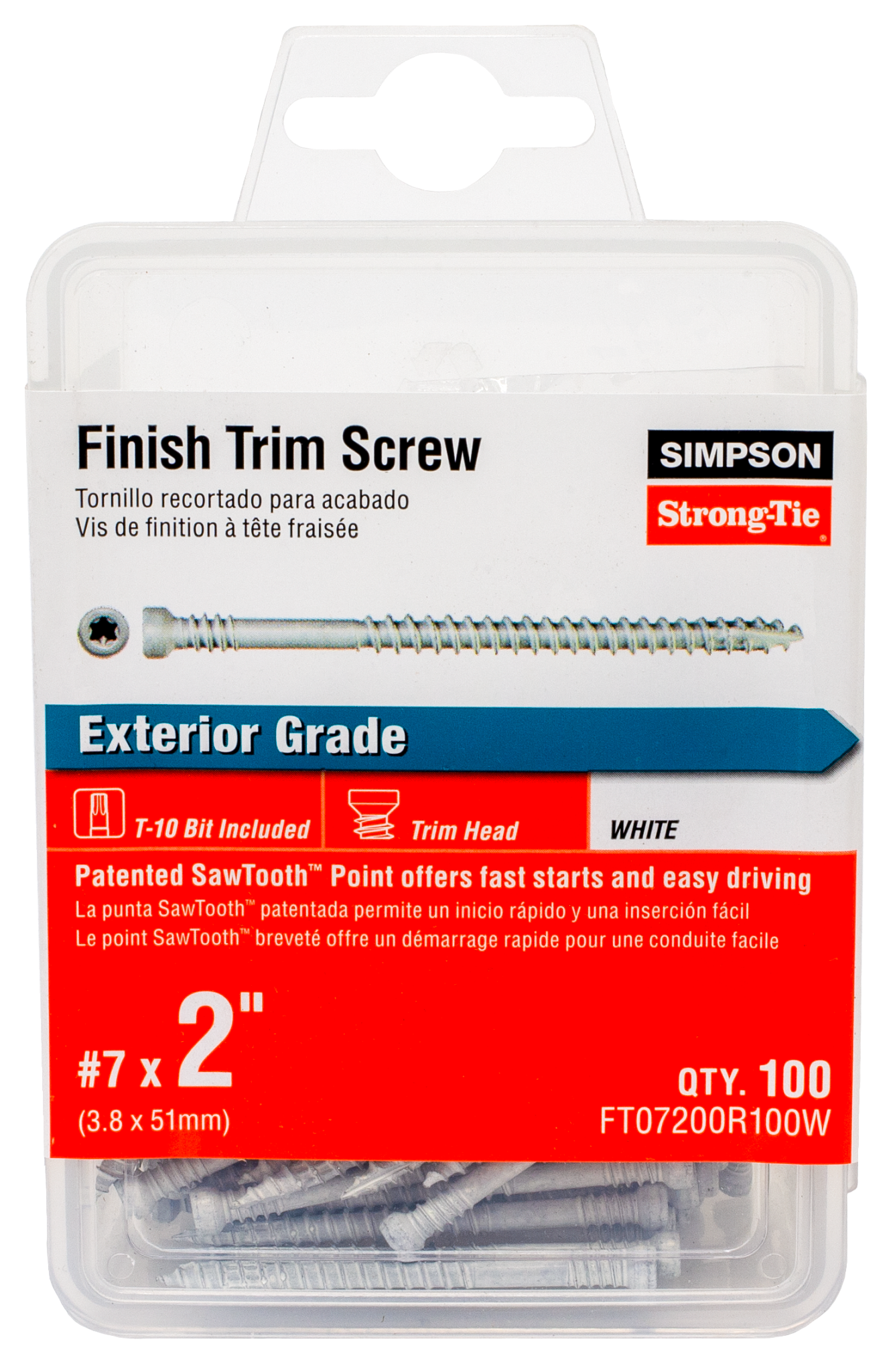 Simpson Strong-Tie FT07200R100W Finish Trim Screw — #7 x 2 in. T10, Trim-Head, Quik Guard®, White (100-Qty)