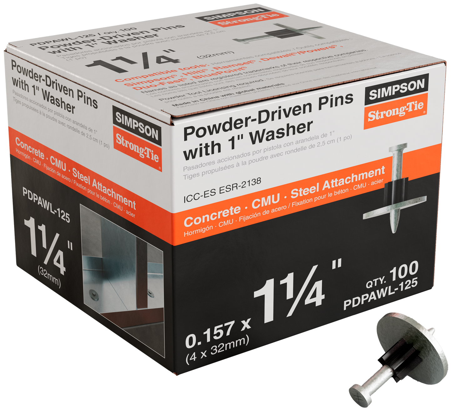 Simpson Strong-Tie PDPAWL-125 PDPAWL .157-in. x 1-1/4-in. Powder-Actuated Pin w/ 1-in. Washer (100-Qty) (Pack of 630)
