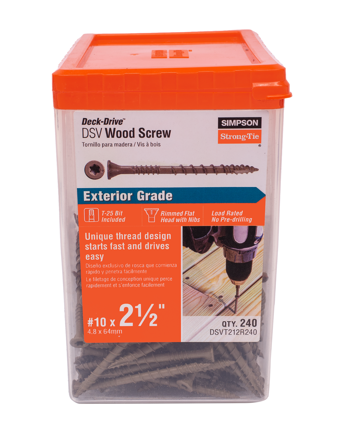 Simpson Strong-Tie DSVT212R240 Deck-Drive™ DSV WOOD Screw — #10 x 2-1/2 in. T25, Flat Head, Quik Guard®, Tan (240-Qty) (Pack of 3)