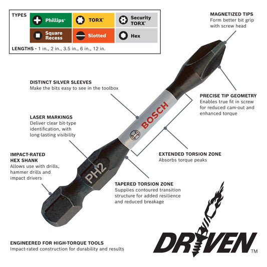 BOSCH ITDPH2215 Puntas de impacto Phillips® n.° 2 de 2 pulg., 15 piezas