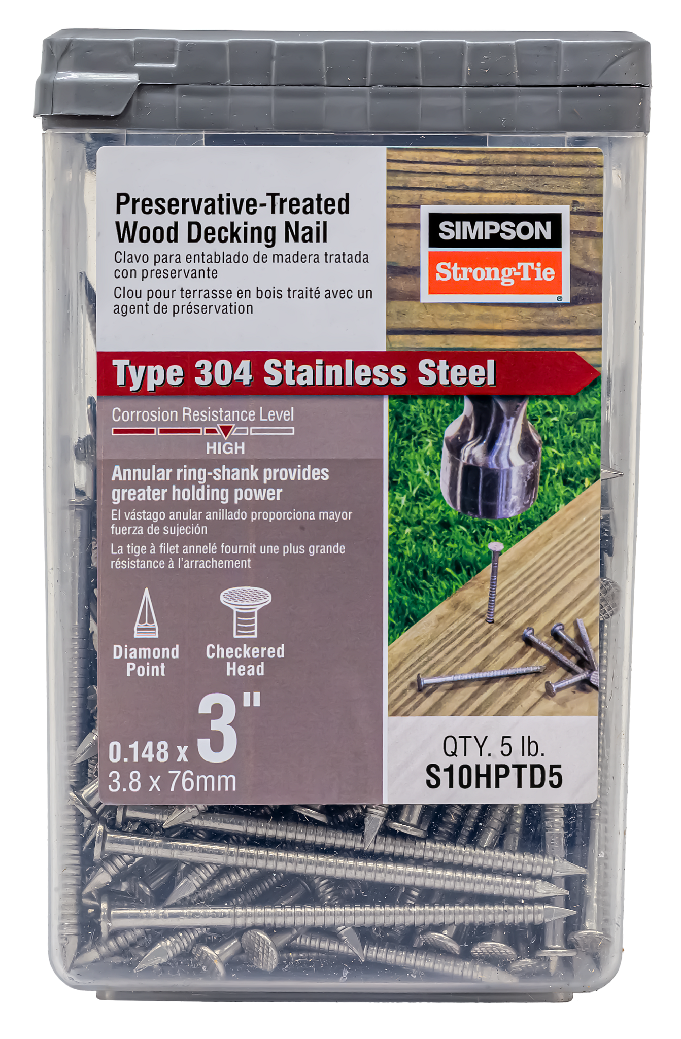 Simpson Strong-Tie S10HPTD5 Preservative-Treated Wood Decking Nail, Ring Shank — 3 in. x .148 in. Type 304 (5 lb.)