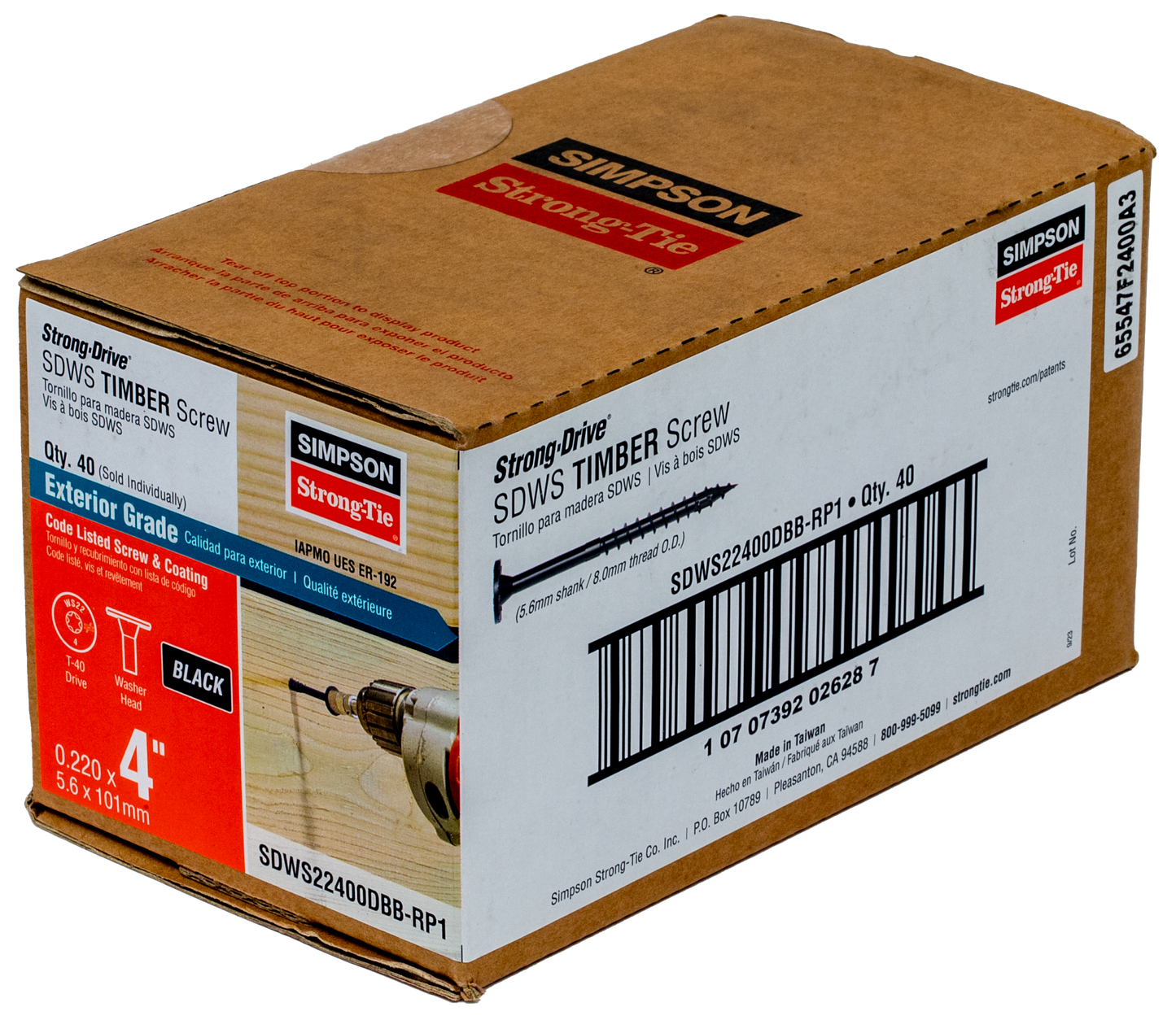 Simpson Strong-Tie SDWS22400DBB-RP1 Strong-Drive® SDWS™ TIMBER Screw (Exterior Grade) — 0.220 in. x 4 in. T40, Black