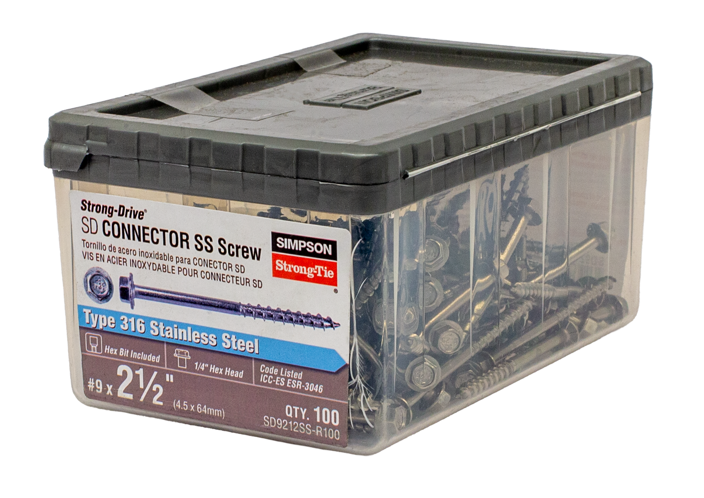 Simpson Strong-Tie SD9212SS-R100 Strong-Drive® SD CONNECTOR SS Screw — #9 x 2-1/2 in. 1/4-Hex Drive, Type 316 (100-Qty) (Pack of 6)