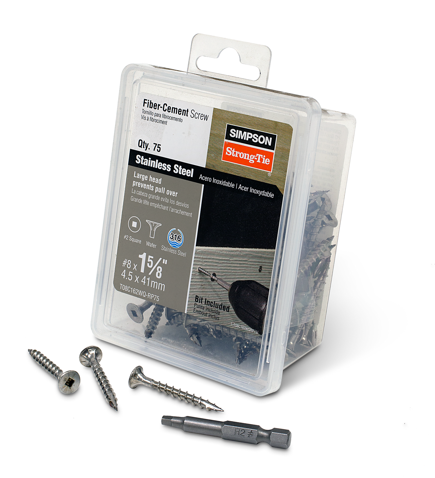 Simpson Strong-Tie T08C162WQ-RP75 Fiber-Cement Screw — #8 x 1-5/8 in. #2 Square Wafer-Head, Type 316 (75-Qty) (Pack of 600)