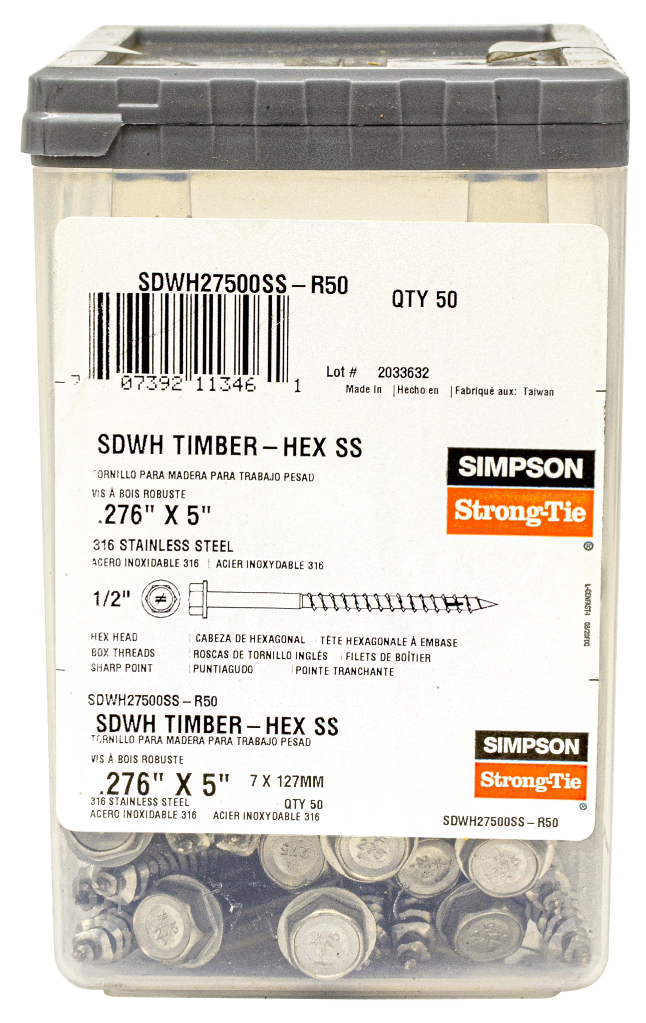Simpson Strong-Tie SDWH27500SS-R50 Strong-Drive® SDWH™ TIMBER-HEX SS Screw — 0.275 in. x 5 in. 1/2 Hex, Type 316 (50-Qty) (Pack of 300)