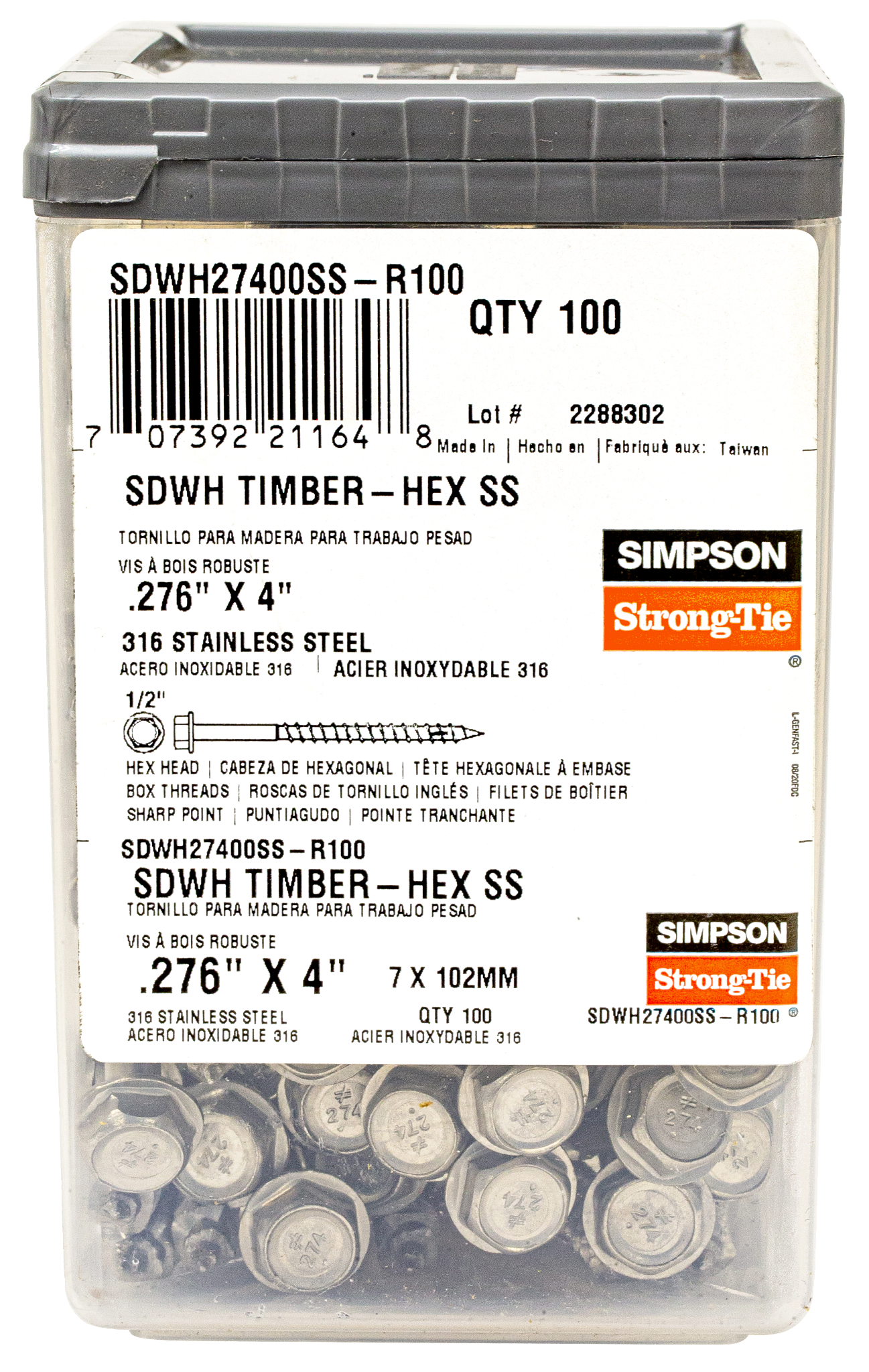 Simpson Strong-Tie SDWH27400SS-R100 Strong-Drive® SDWH™ TIMBER-HEX SS Screw — 0.275 in. x 4 in. 1/2 Hex, Type 316 (100-Qty) (Pack of 6)