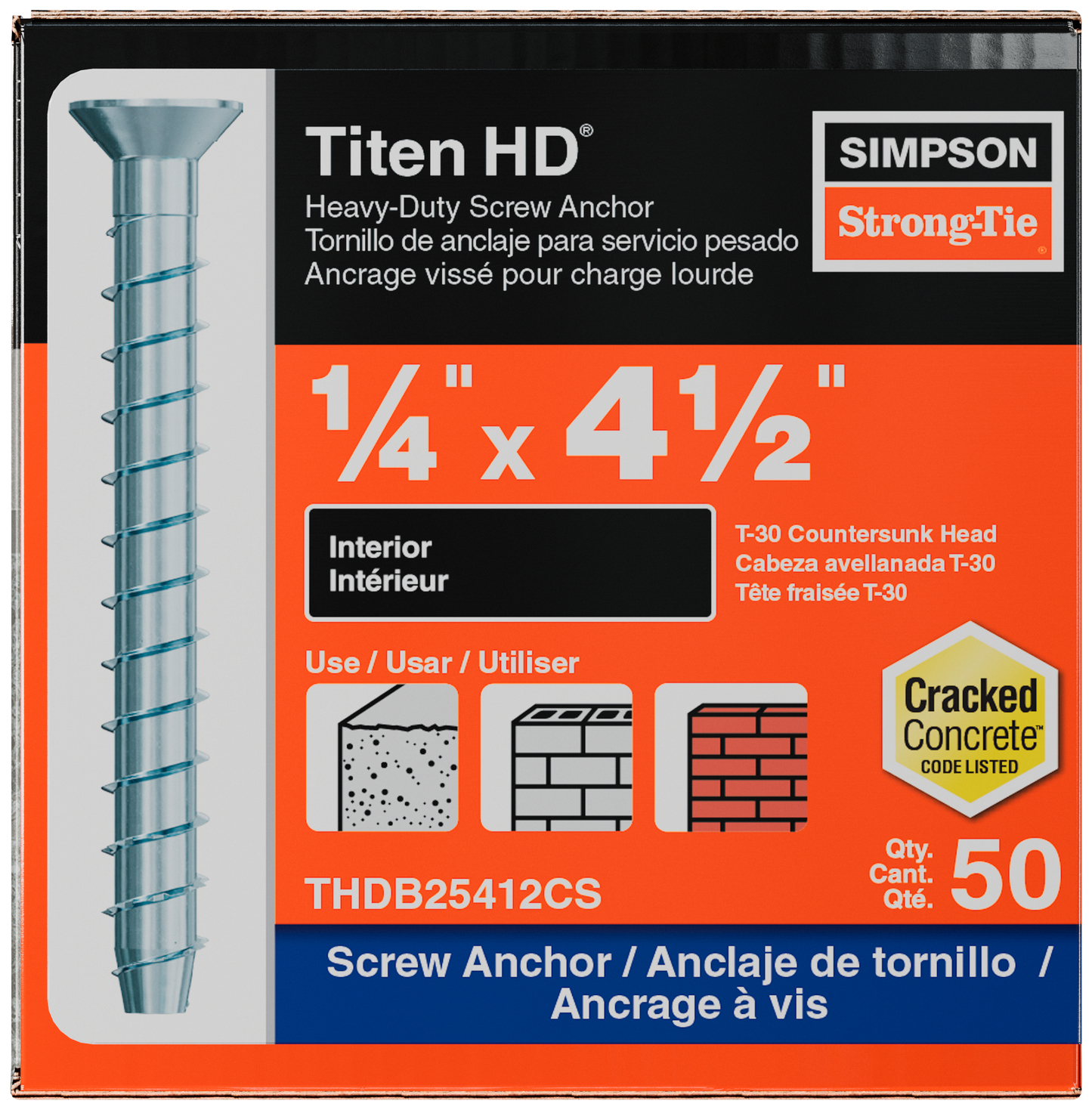 Simpson Strong-Tie THDB25412CS Titen HD® 1/4 in. x 4-1/2 in. Zinc-Plated Countersunk Head Heavy-Duty Screw Anchor (50-Qty) (Pack of 5)